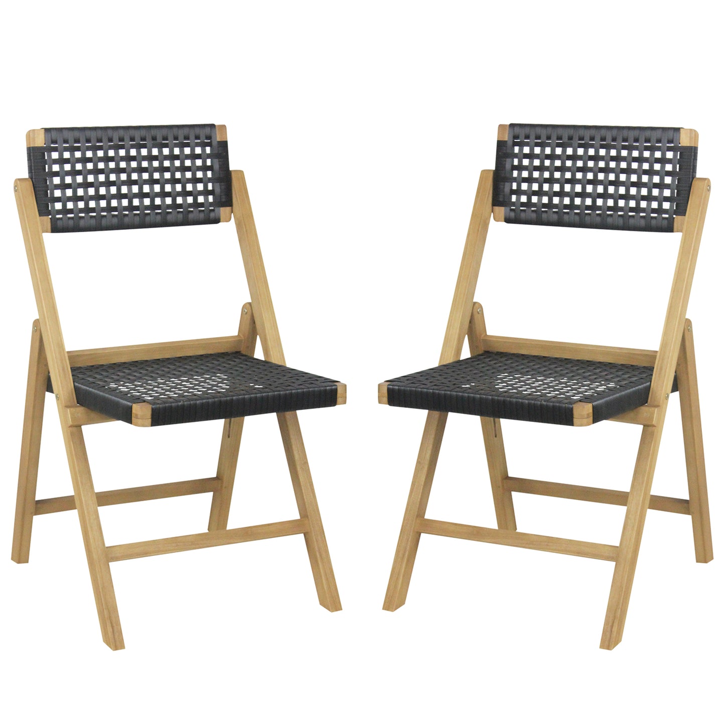 Folding Teak Wood Dining Chairs with Woven Rope Seat Set of 2