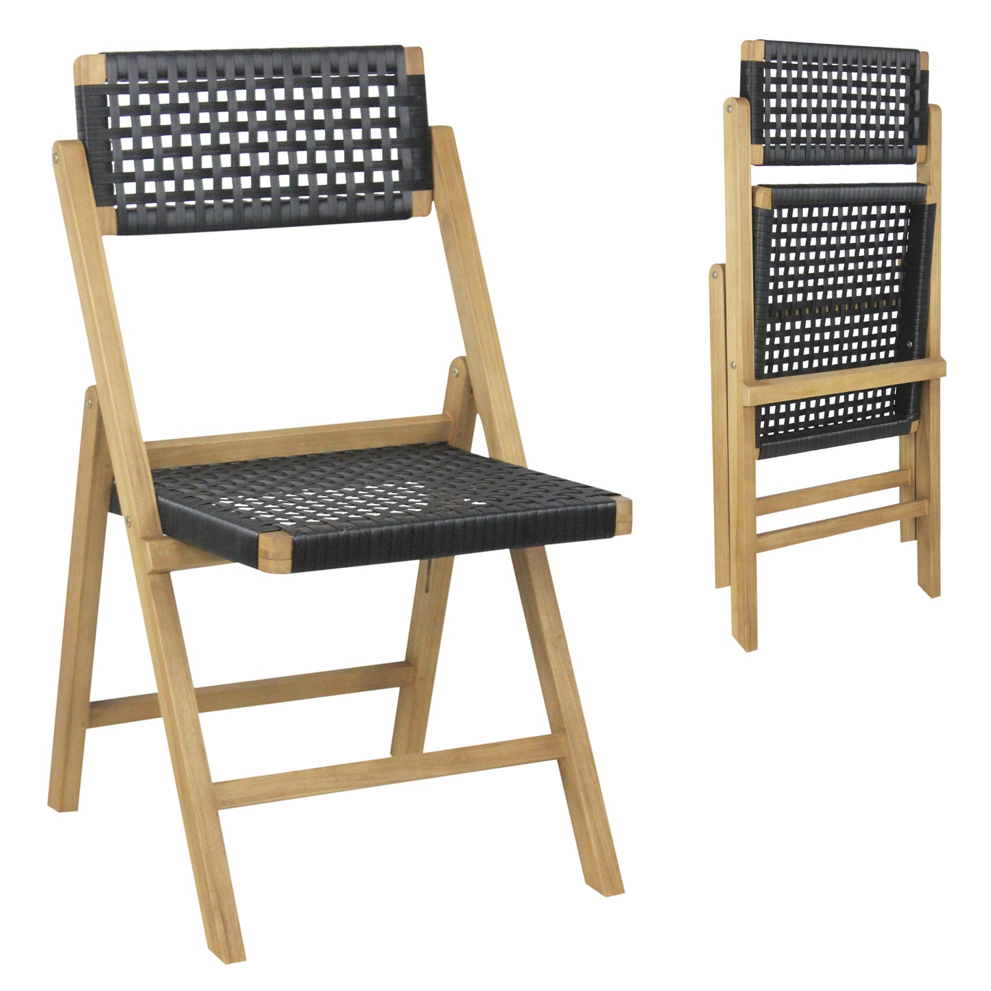 Folding Teak Wood Dining Chairs with Woven Rope Seat Set of 2