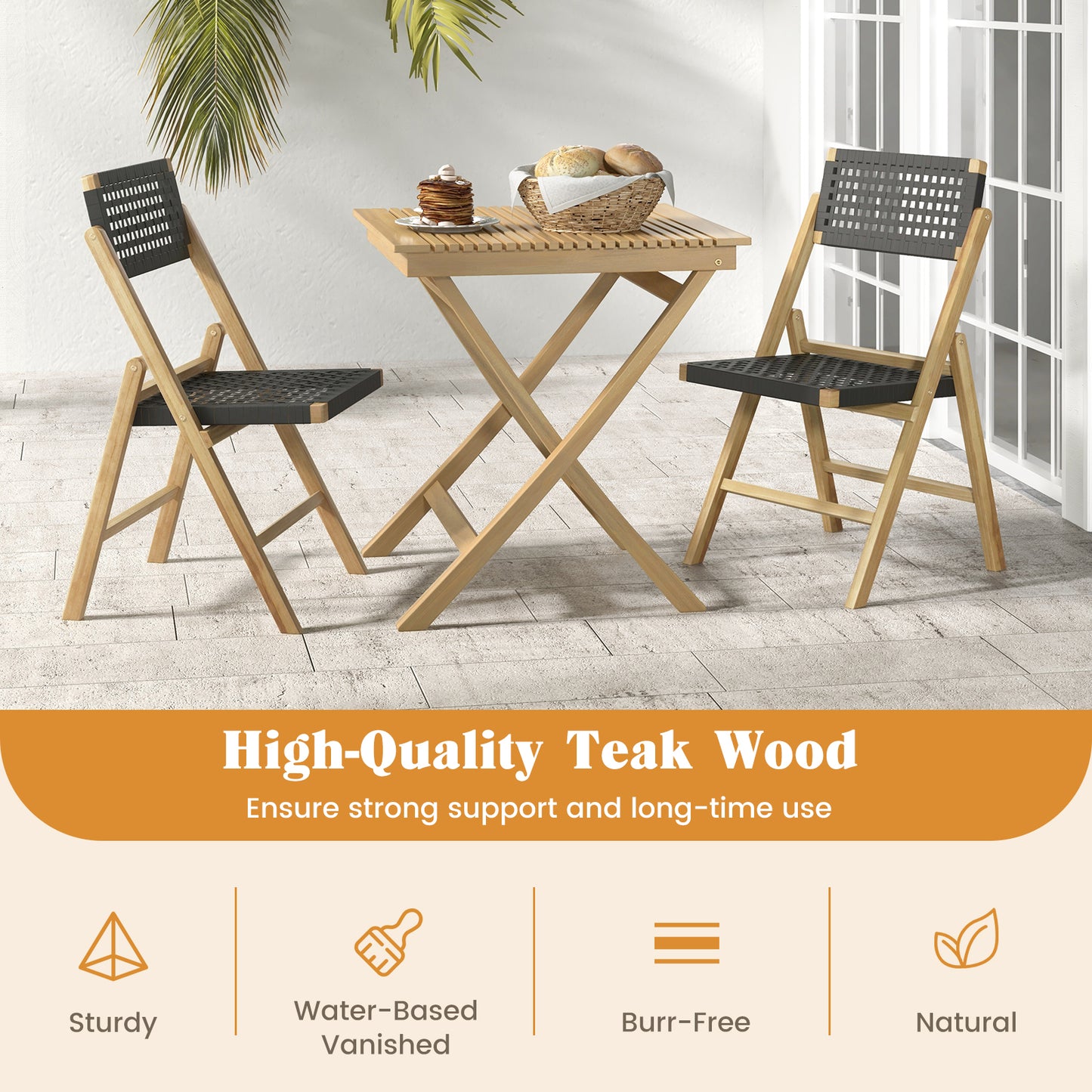 Folding Teak Wood Dining Chairs with Woven Rope Seat Set of 2