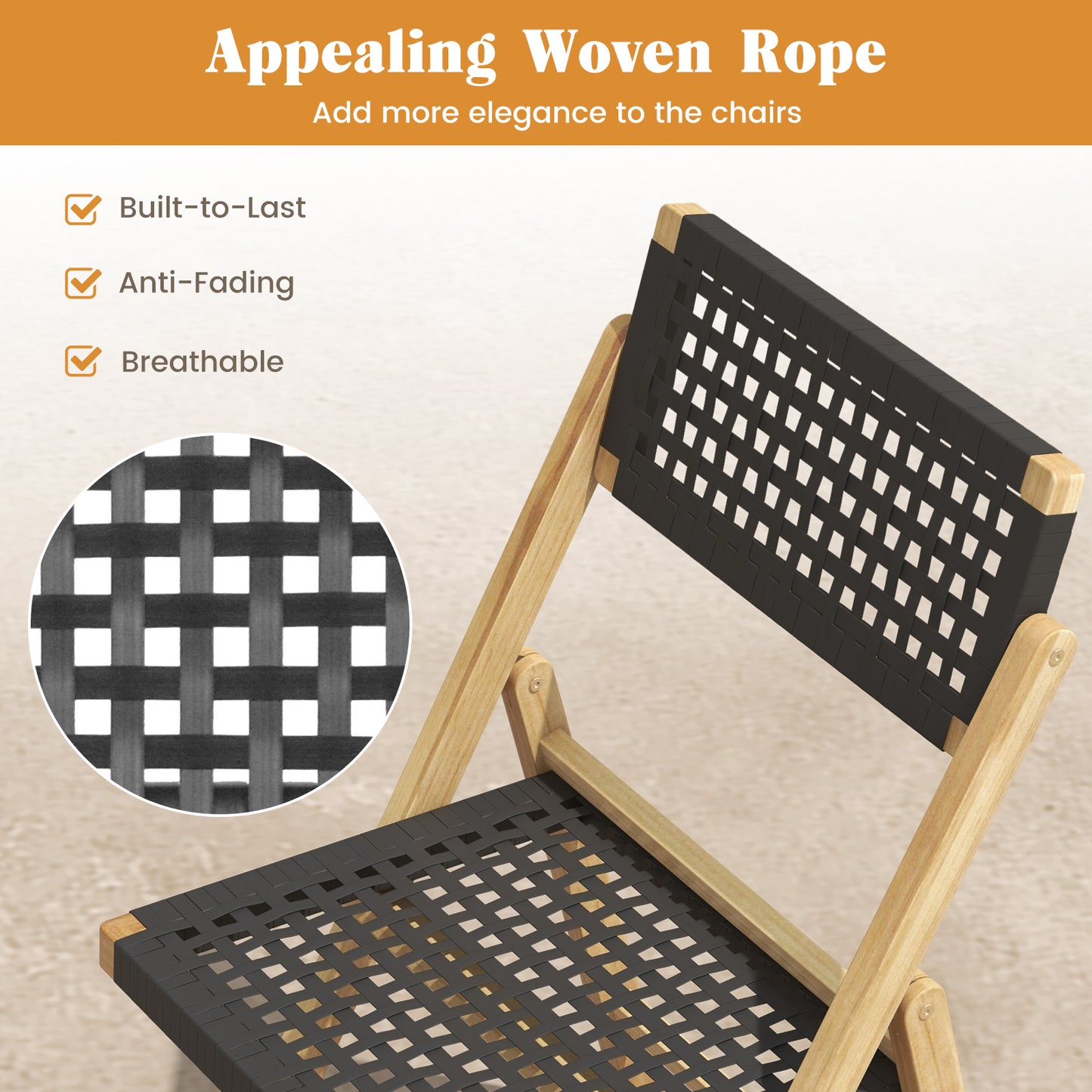 Folding Teak Wood Dining Chairs with Woven Rope Seat Set of 2