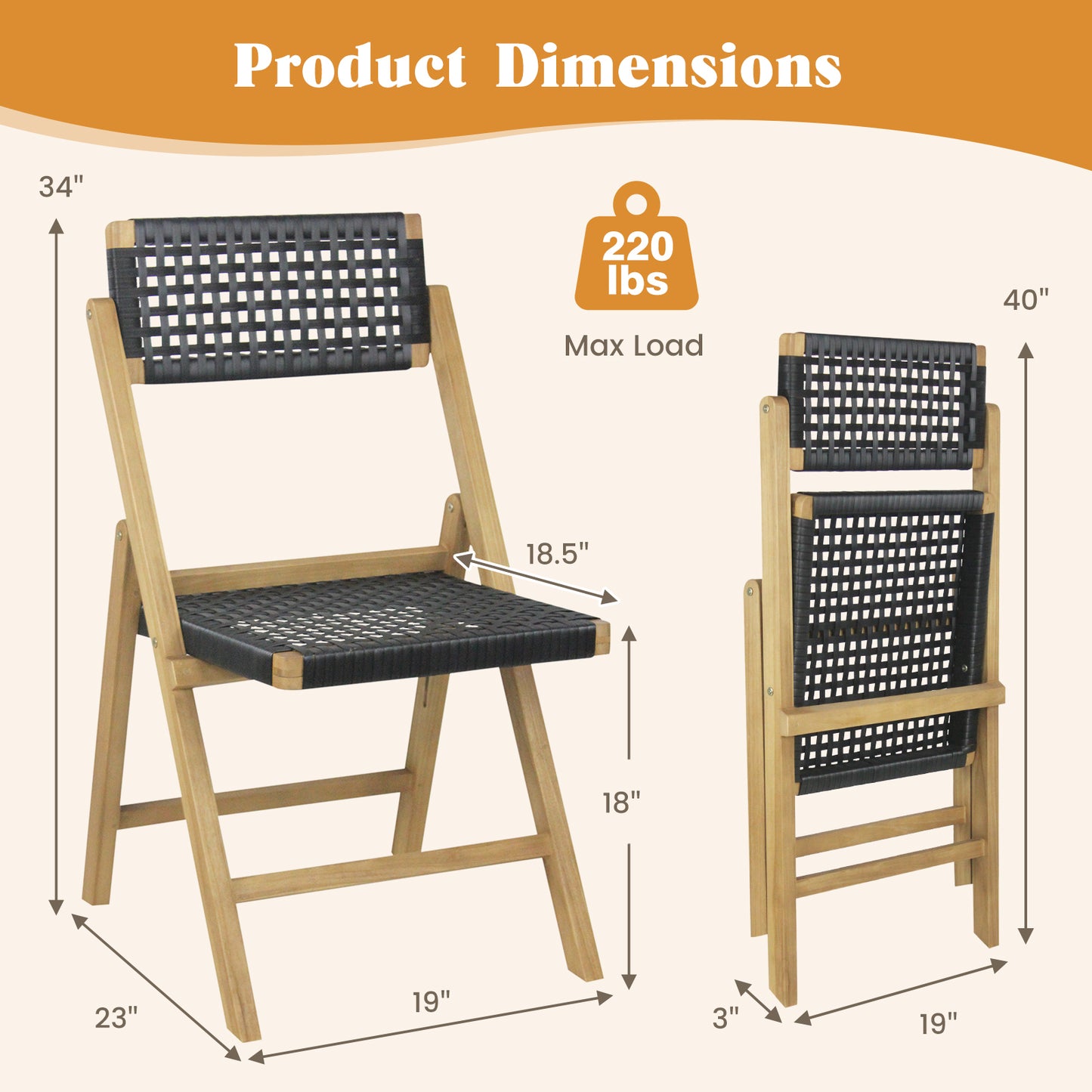 Folding Teak Wood Dining Chairs with Woven Rope Seat Set of 2