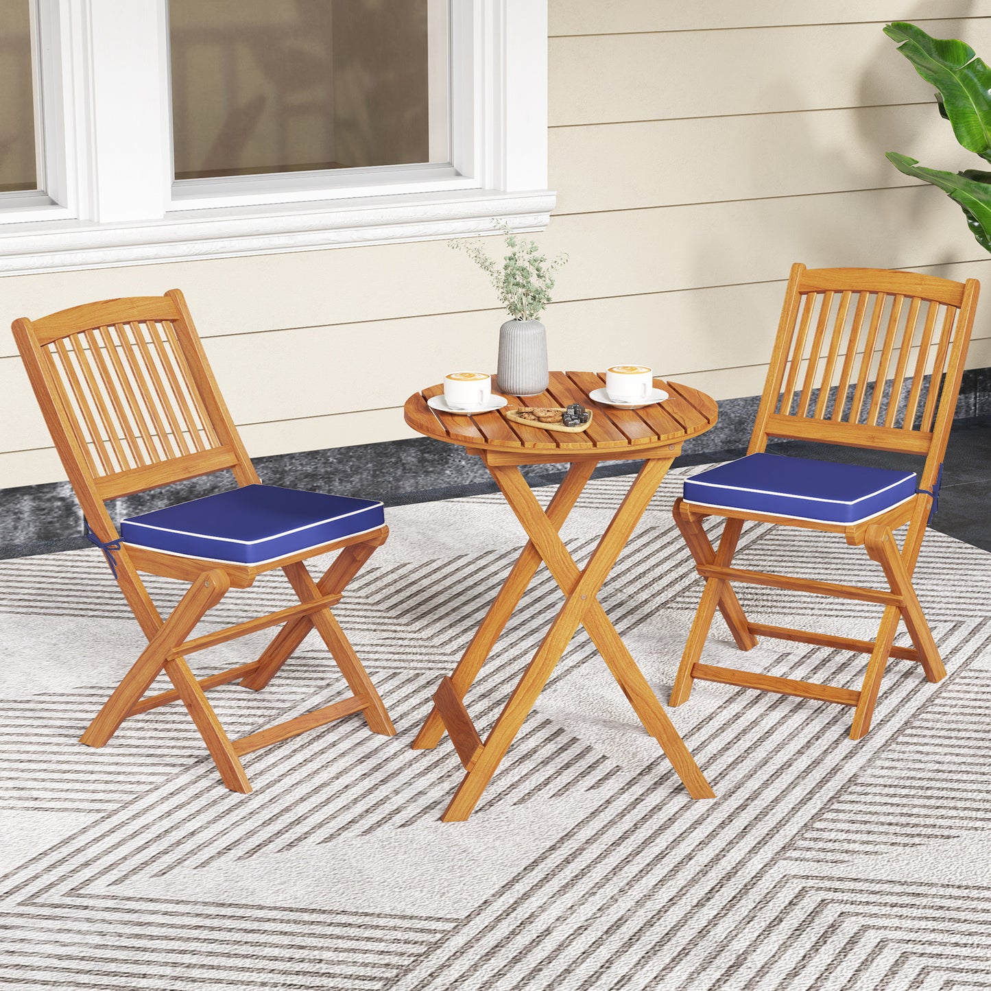 Folding Acacia Wood Patio Dining Chairs with Cushions, Set of 2