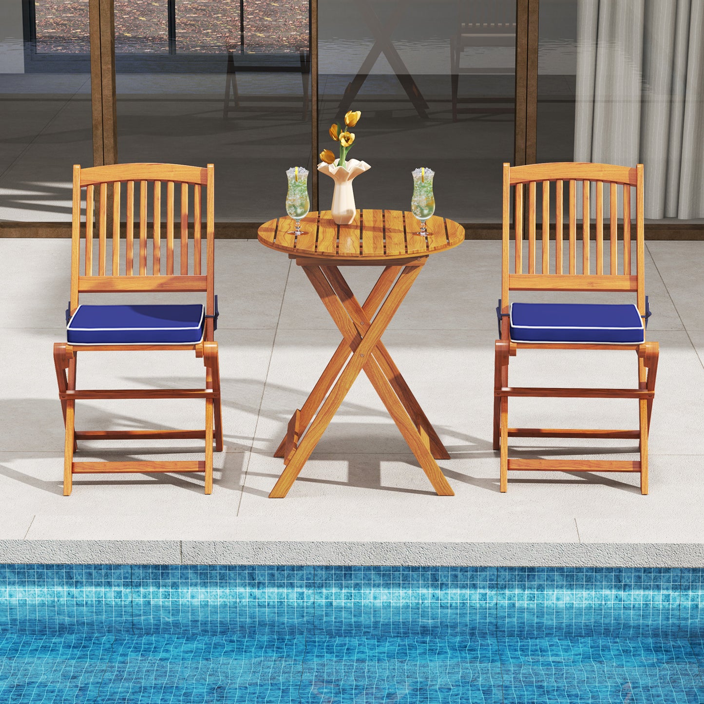 Folding Acacia Wood Patio Dining Chairs with Cushions, Set of 2