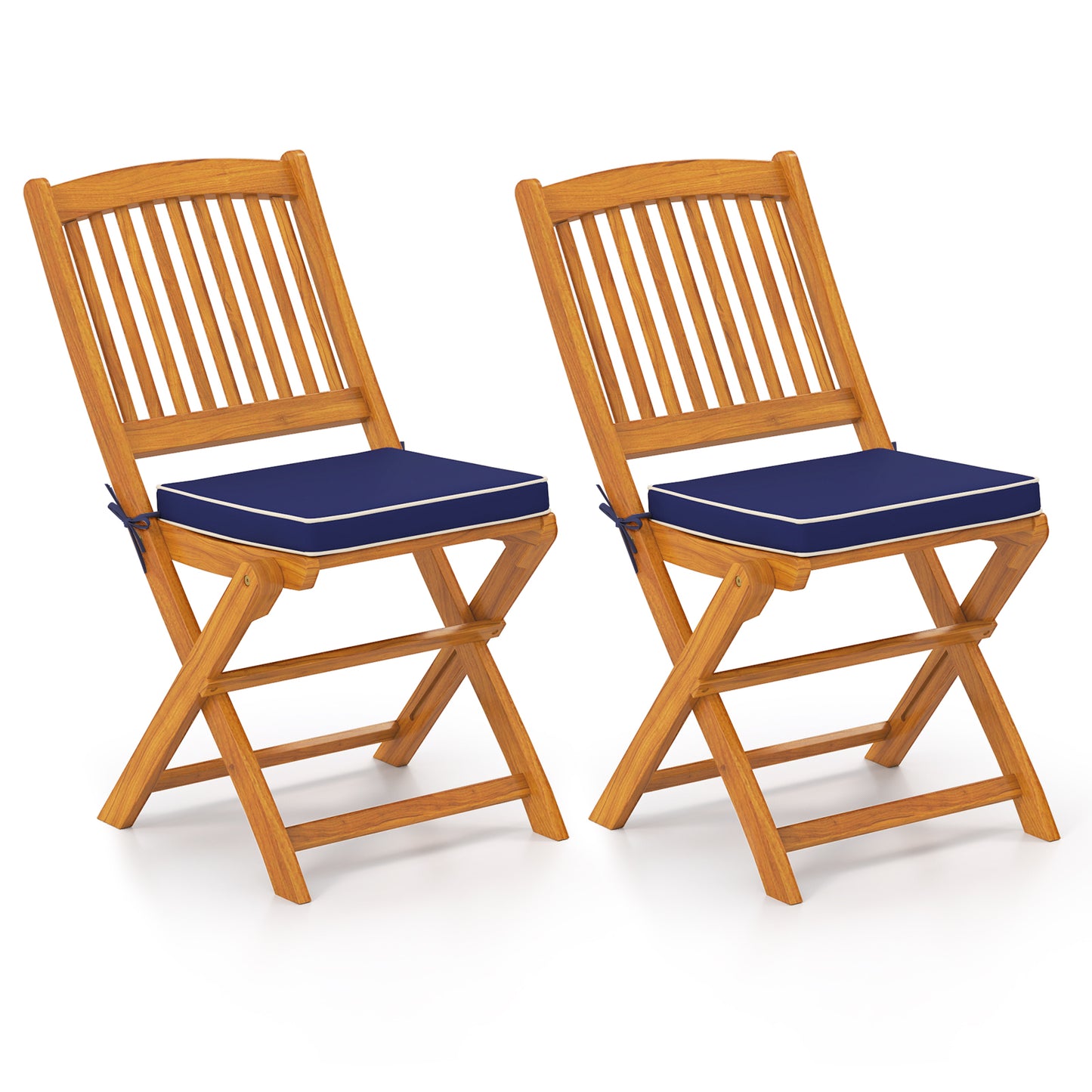 Folding Acacia Wood Patio Dining Chairs with Cushions, Set of 2