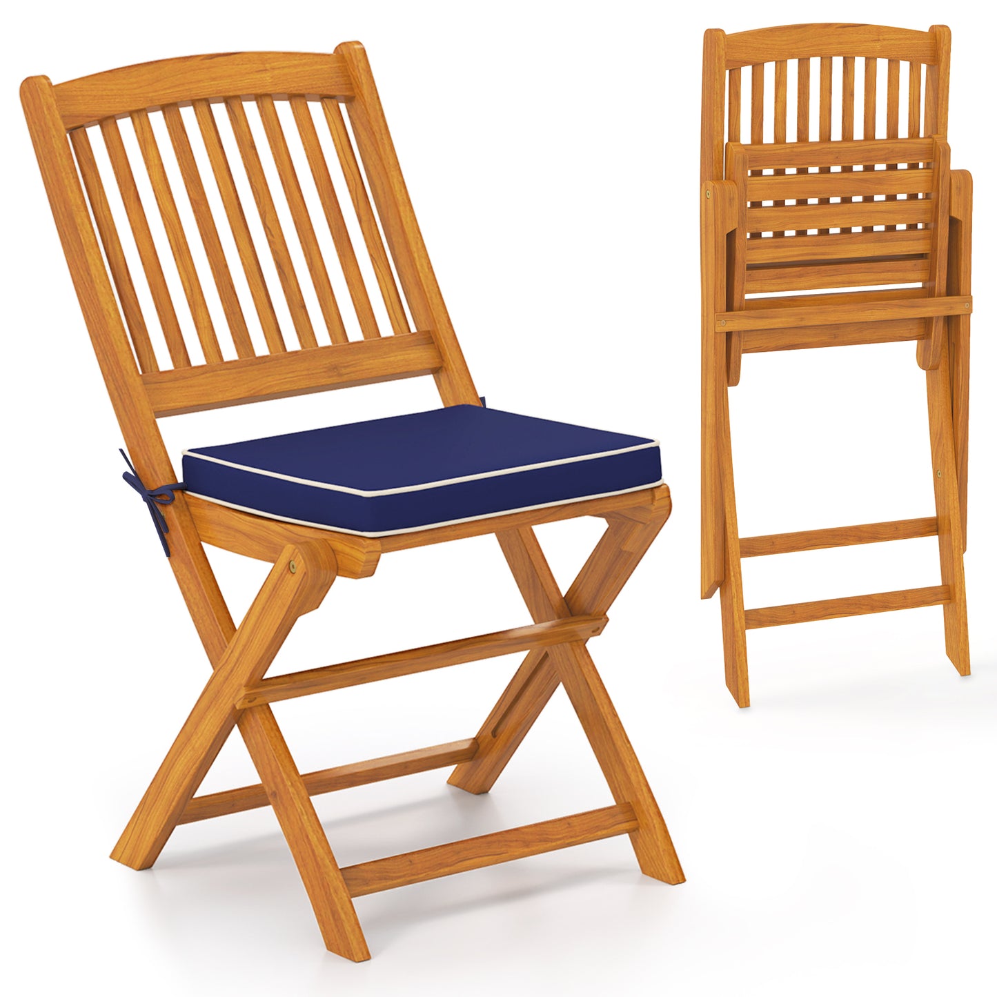 Folding Acacia Wood Patio Dining Chairs with Cushions, Set of 2