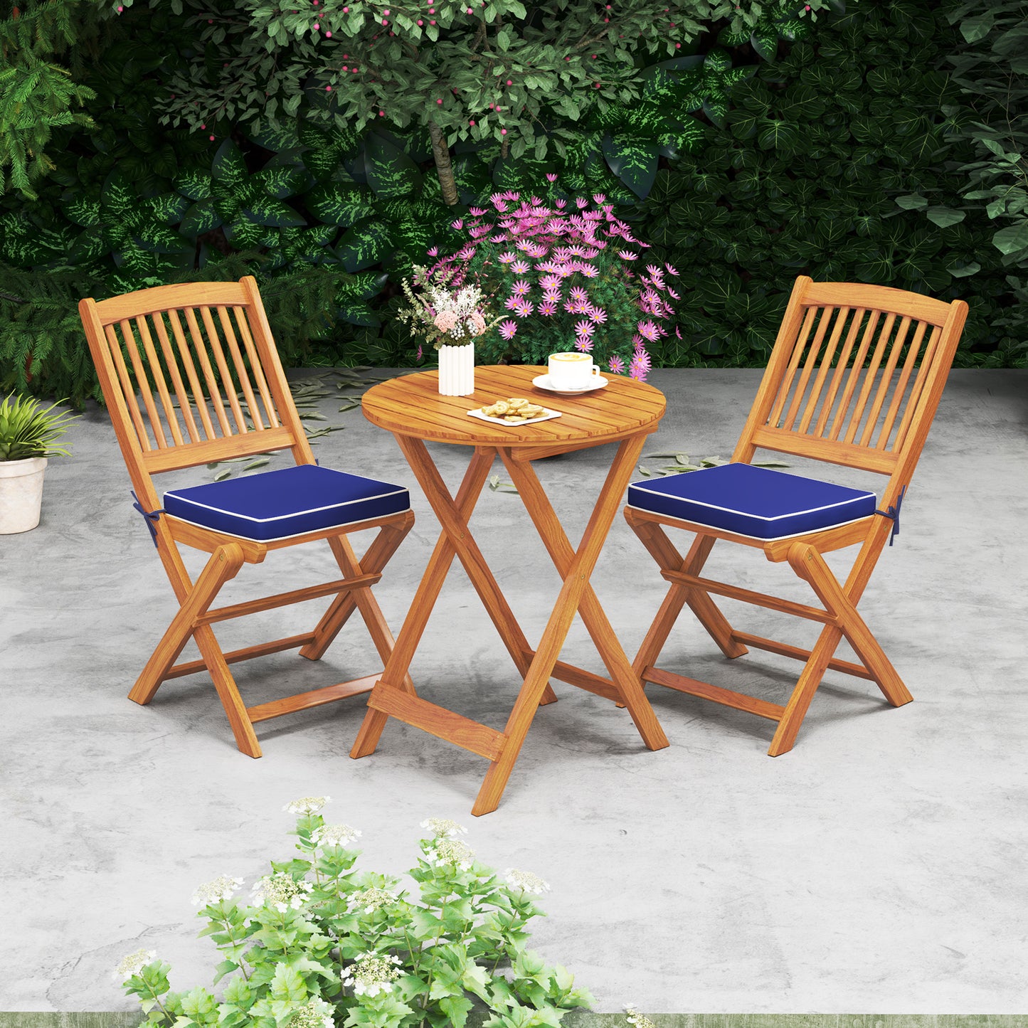Folding Acacia Wood Patio Dining Chairs with Cushions, Set of 2
