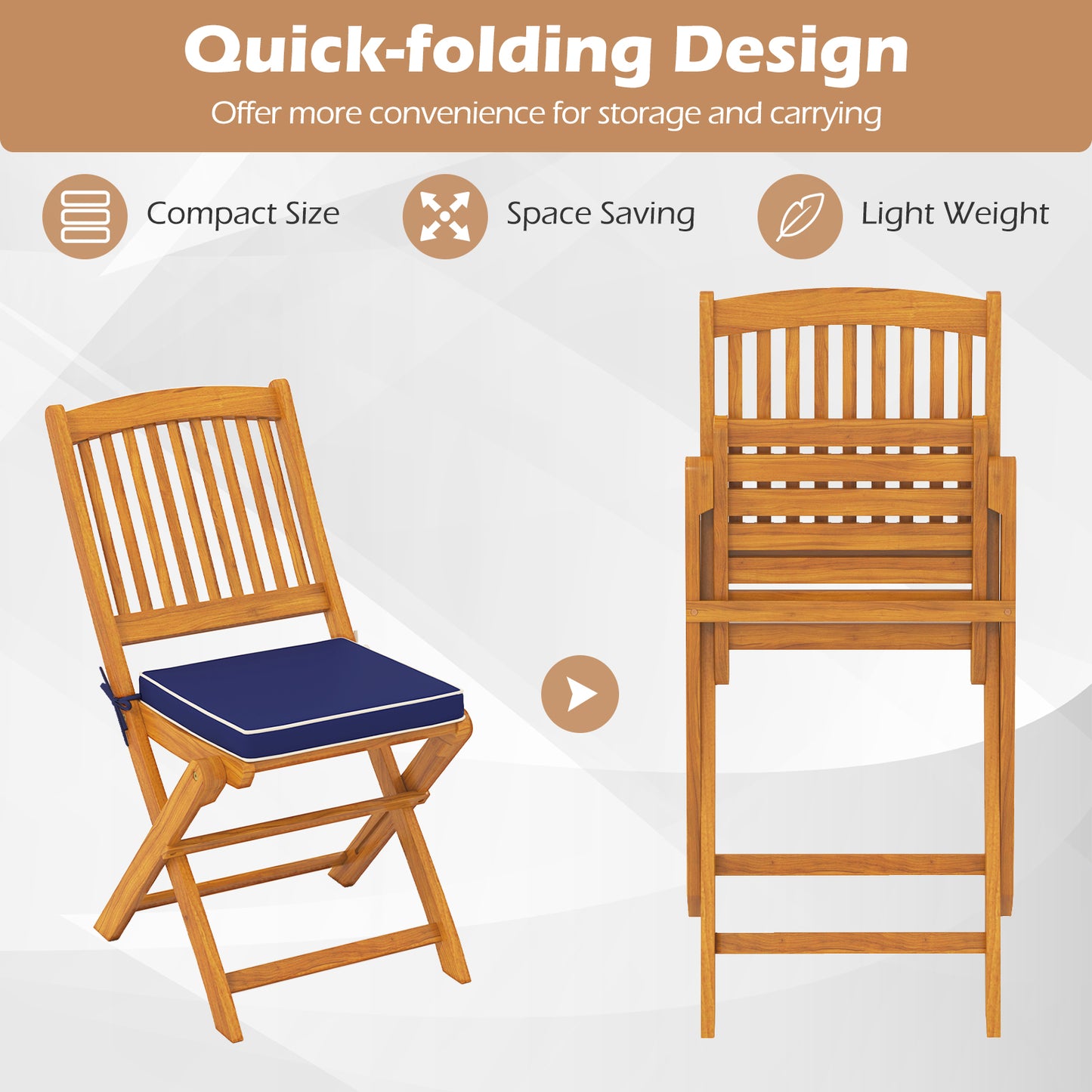 Folding Acacia Wood Patio Dining Chairs with Cushions, Set of 2