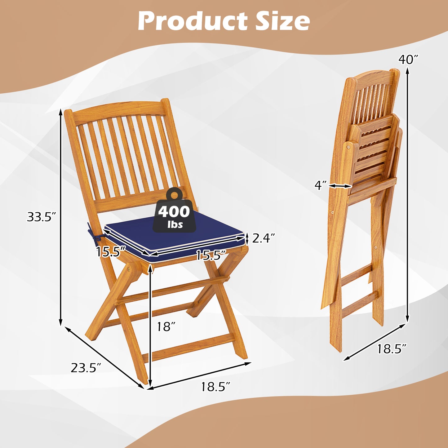 Folding Acacia Wood Patio Dining Chairs with Cushions, Set of 2