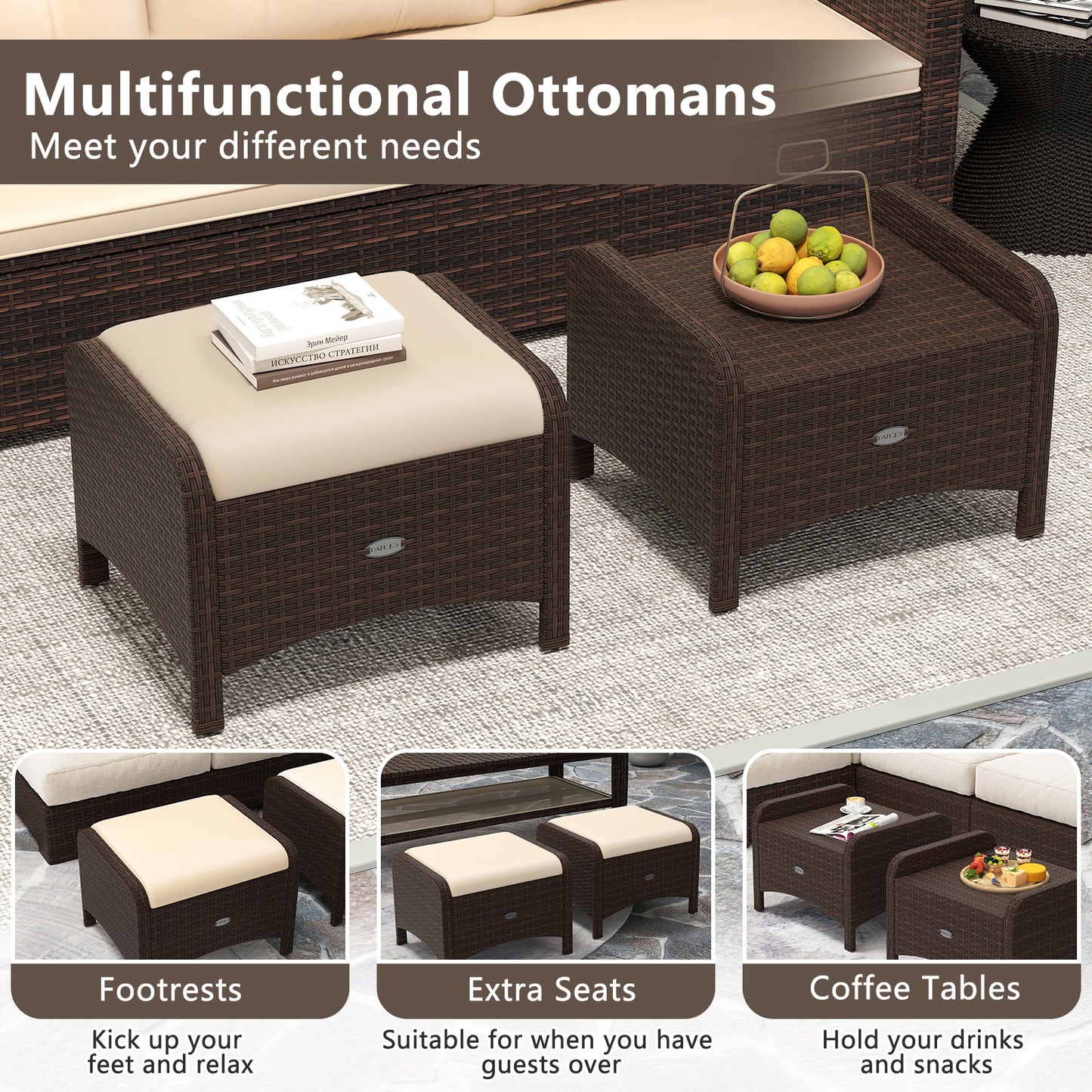 PE Wicker Ottomans Set of 2 with Removable Cushions