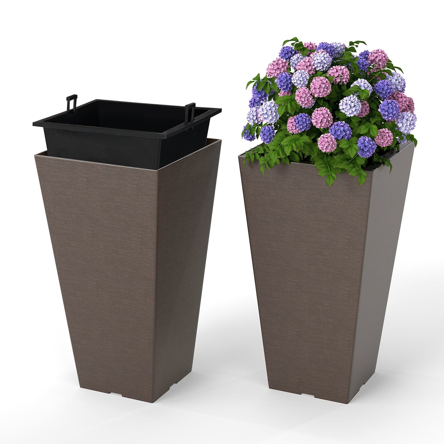 Set of 2 Square Taper Planter with Removable Inner Bucket and Optional Drainage Hole