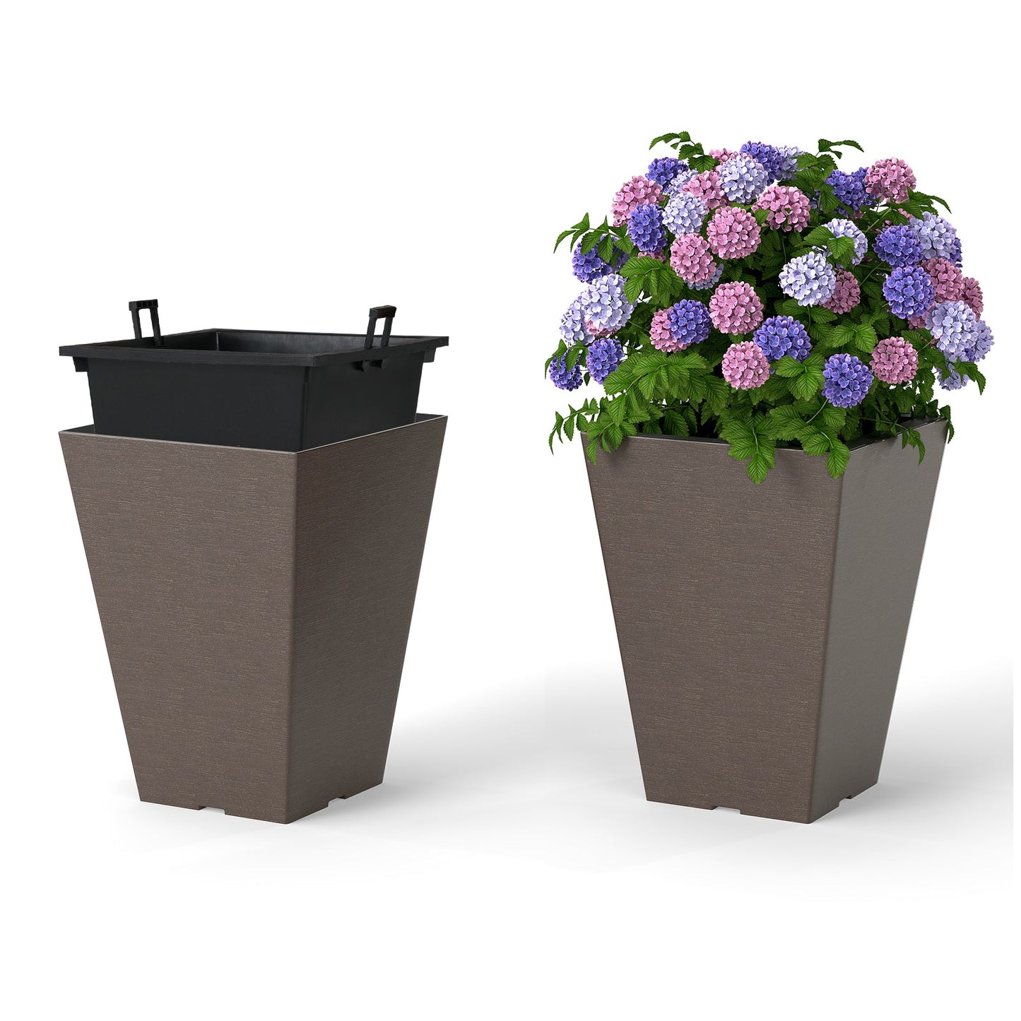 Set of 2 Square Taper Planter with Removable Inner Bucket and Optional Drainage Hole