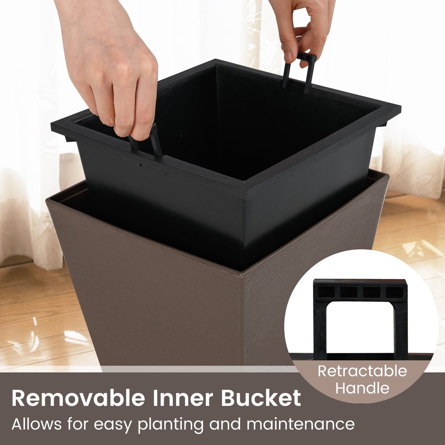 Set of 2 Square Taper Planter with Removable Inner Bucket and Optional Drainage Hole