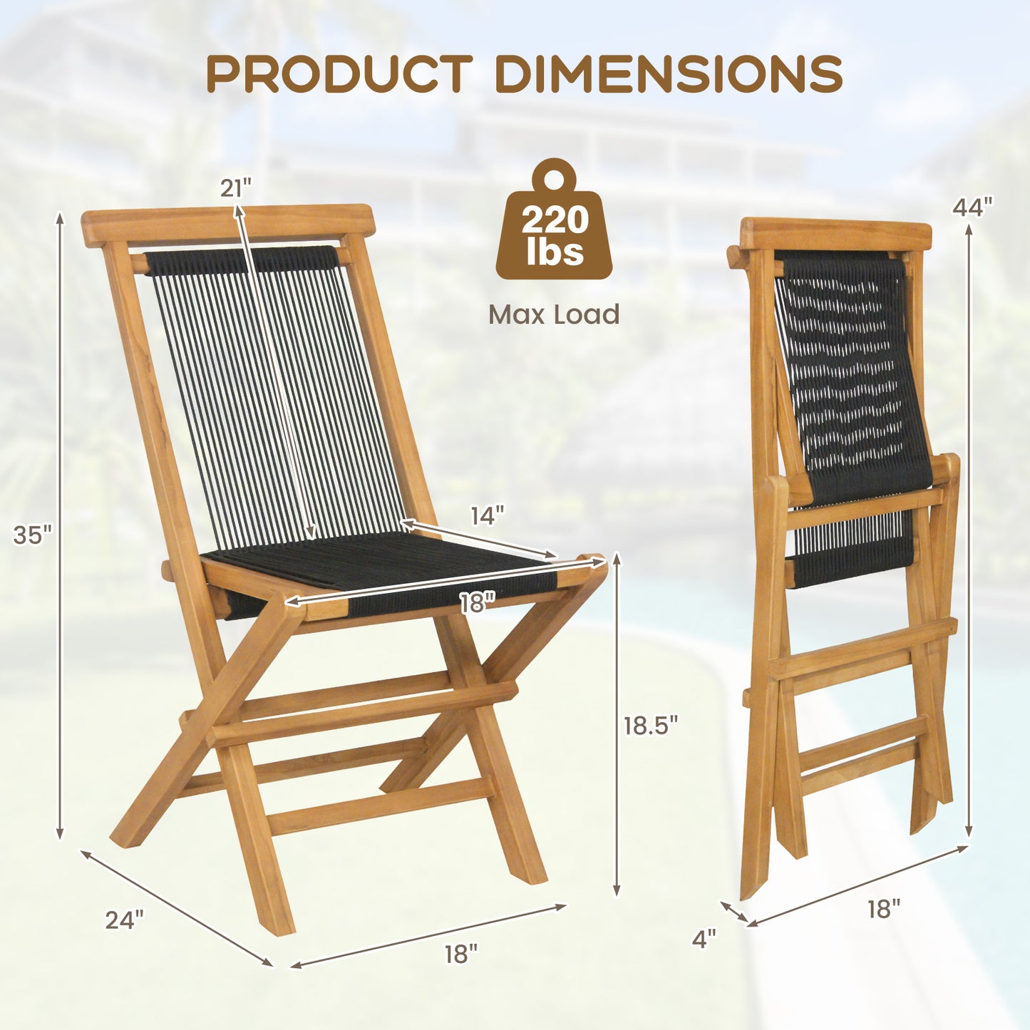 Teak Folding Patio Chairs with Woven Rope Seat (Set of 2)