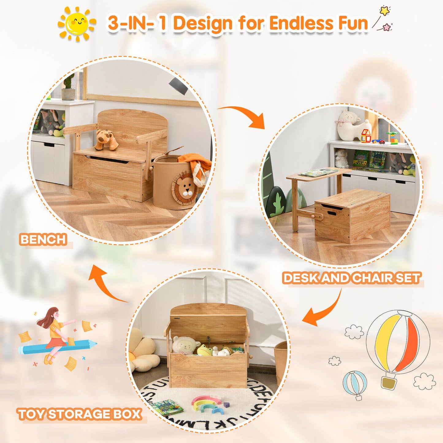 Kids Convertible Storage Bench Activity Table and Chair Set