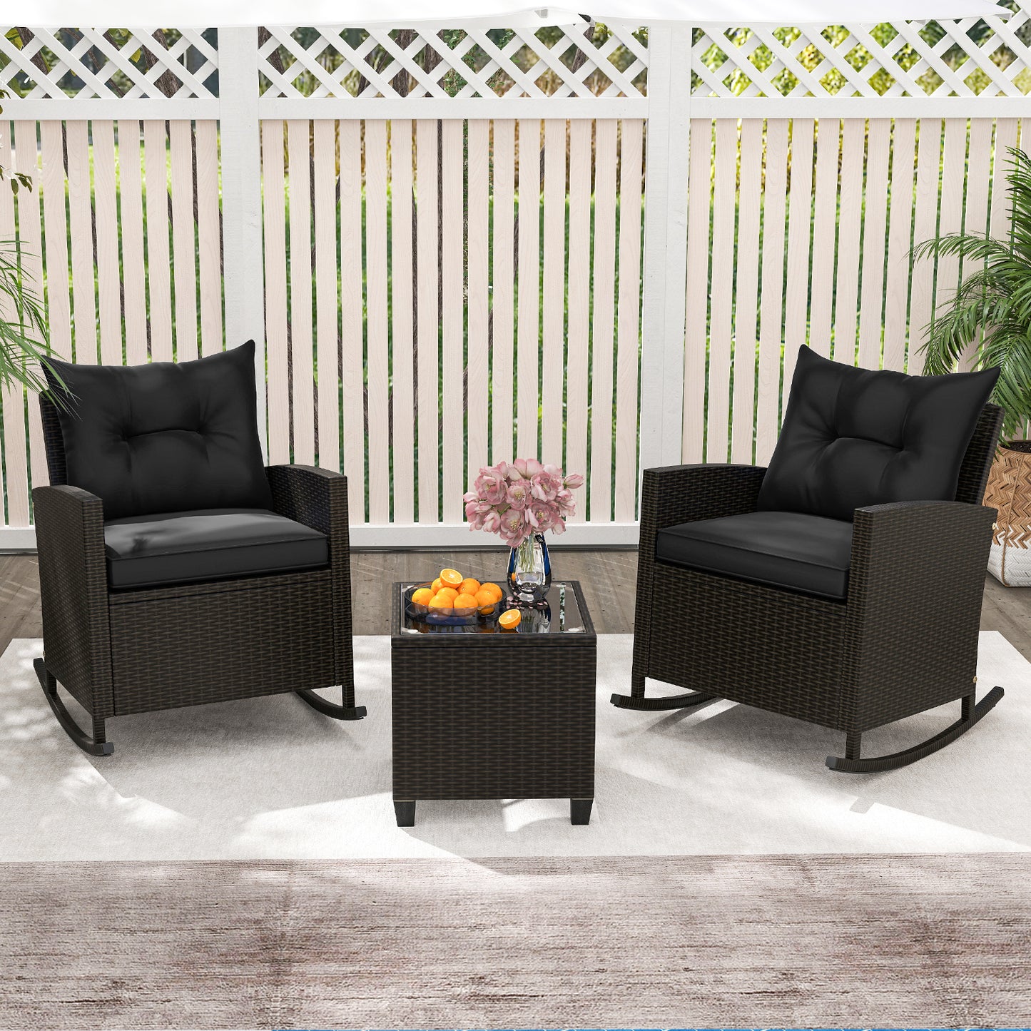 3-Piece Patio Rocking Chair Set with Glass Table