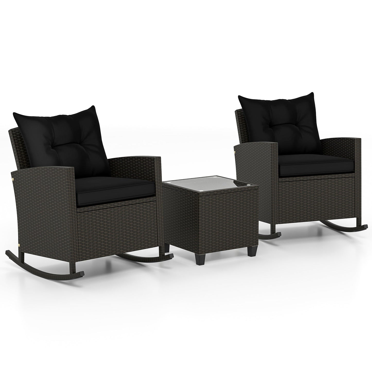 Patio Rattan Roker Chairs with Tempered Glass Table and Soft Cushions for Backyard Poolside Porch