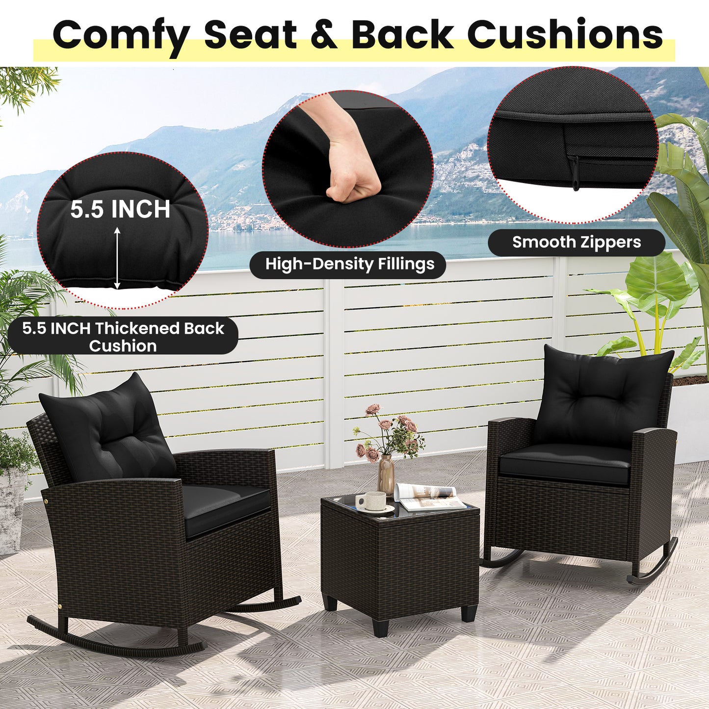 3-Piece Patio Rocking Chair Set with Glass Table
