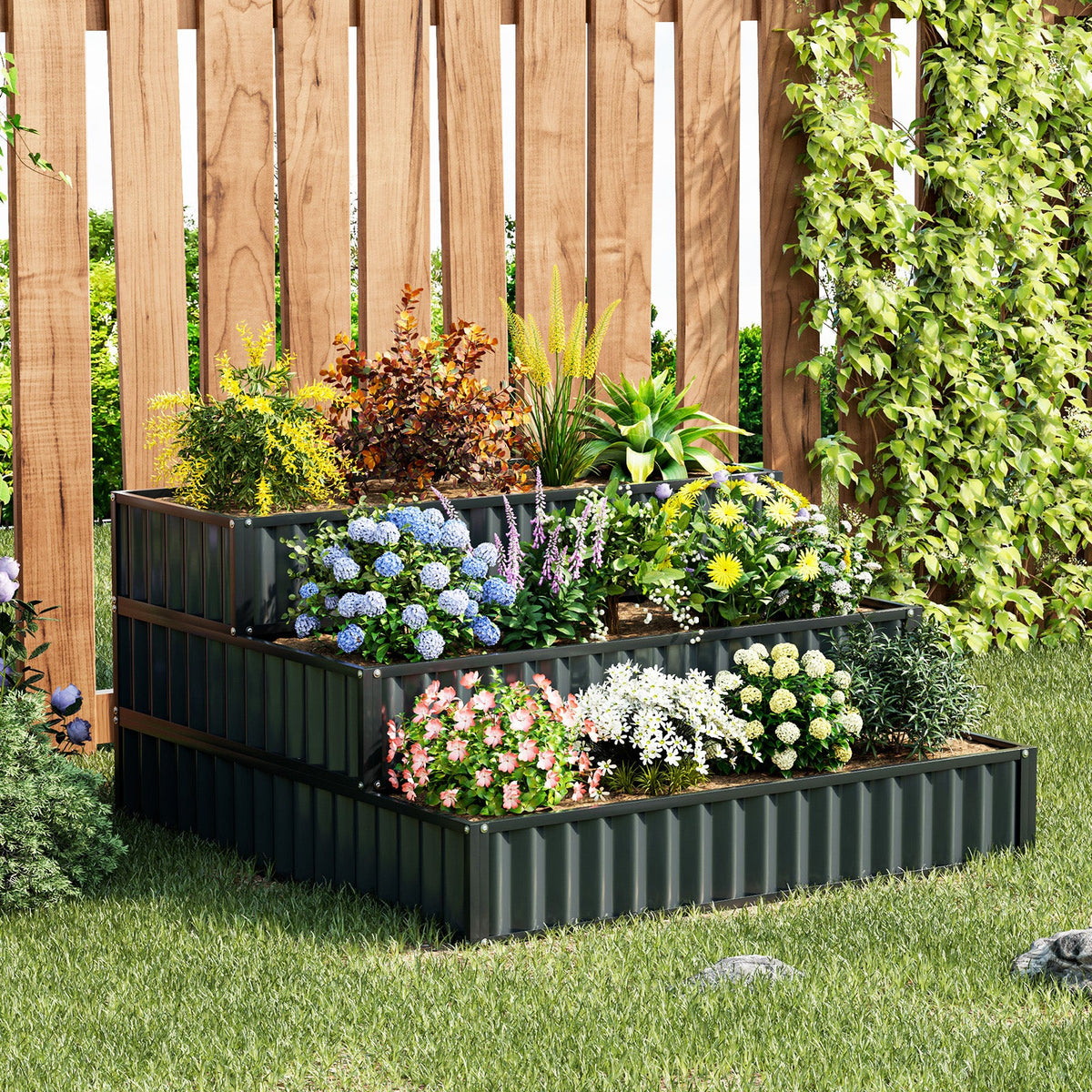 Heavy-Duty Metal Outdoor 3-Tier Raised Garden Bed Planter Box
