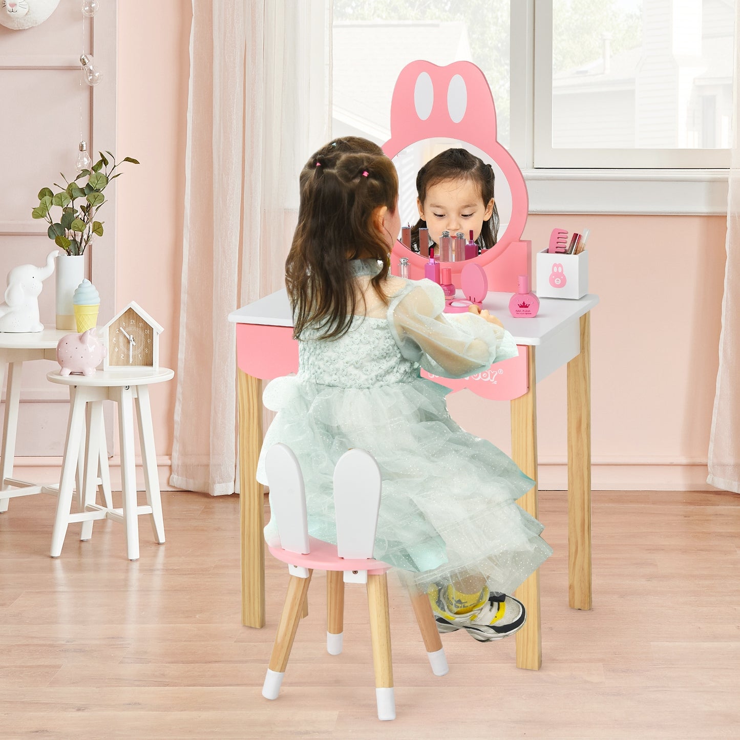 Kids Vanity Table Set with Mirror, Drawer & Chair - White