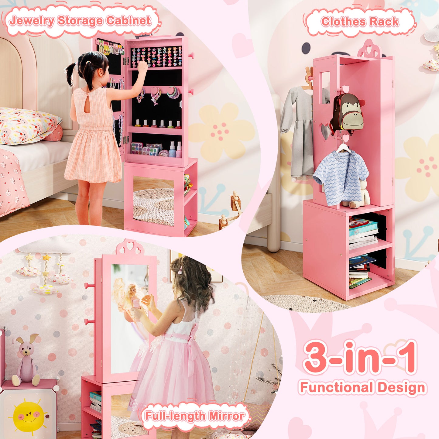 Kids Jewelry Cabinet Armoire with Full Length Mirror