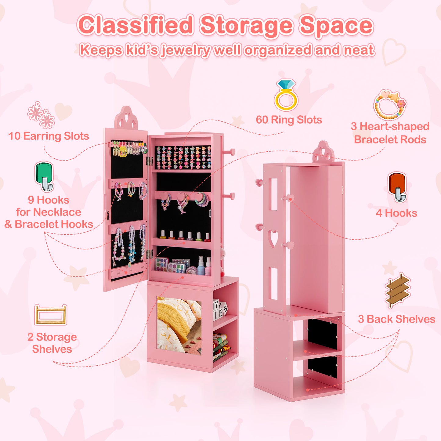 Kids Jewelry Cabinet Armoire with Full Length Mirror