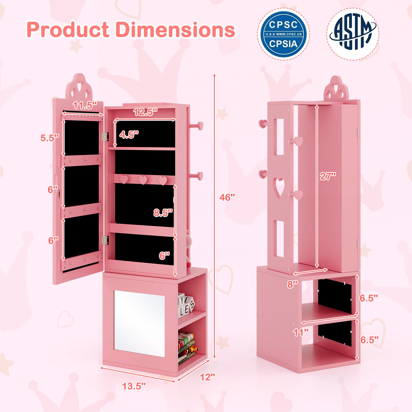 Kids Jewelry Cabinet Armoire with Full Length Mirror