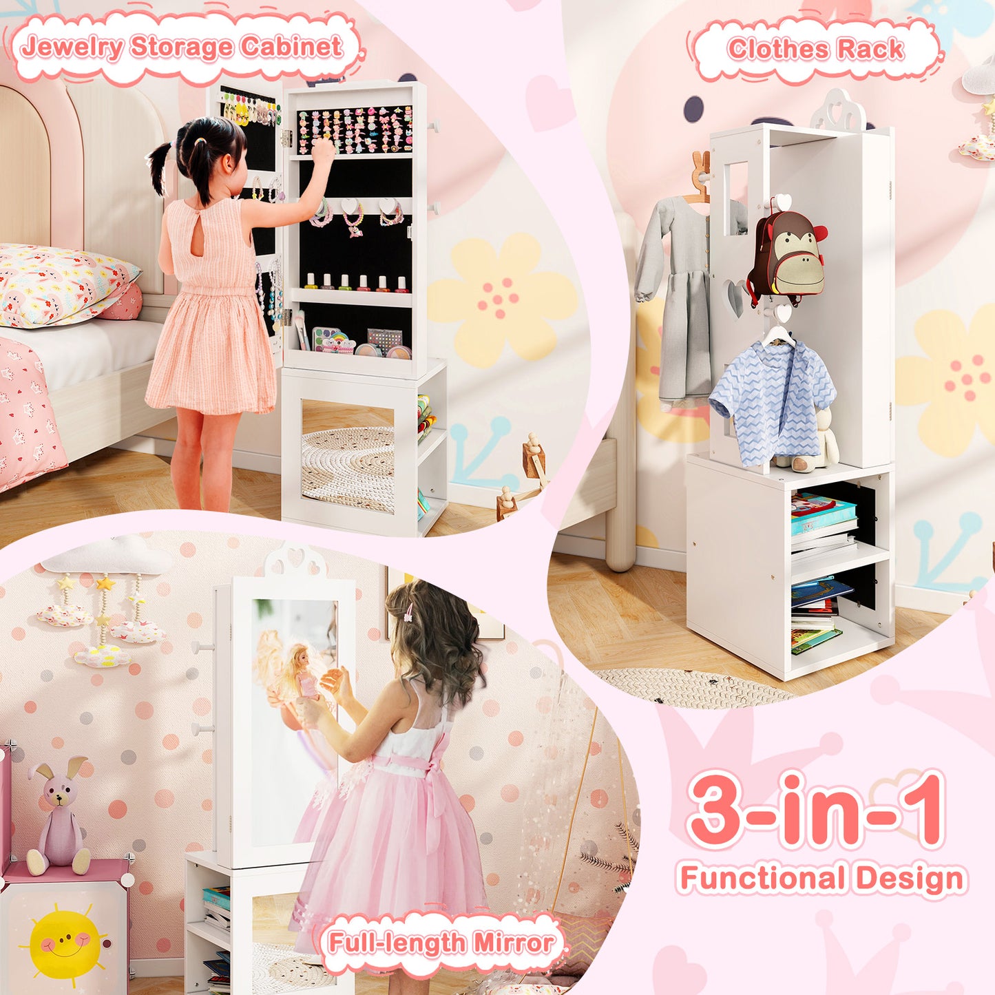 Kids Jewelry Cabinet Armoire with Full Length Mirror