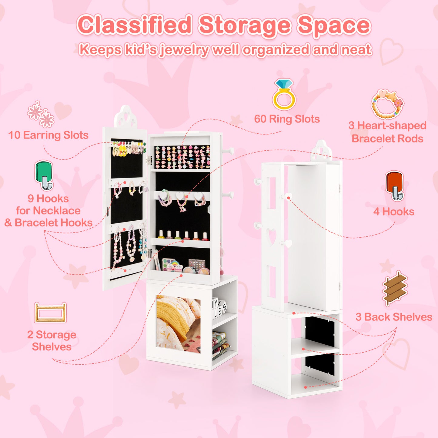 Kids Jewelry Cabinet Armoire with Full Length Mirror