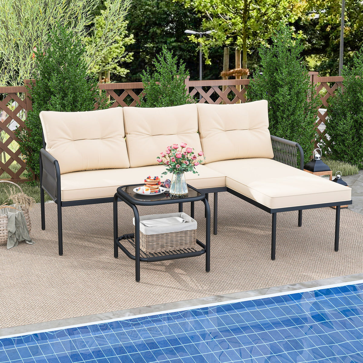3-Piece L Shaped Patio Furniture Set PE Rattan Sectional Sofas-Beige