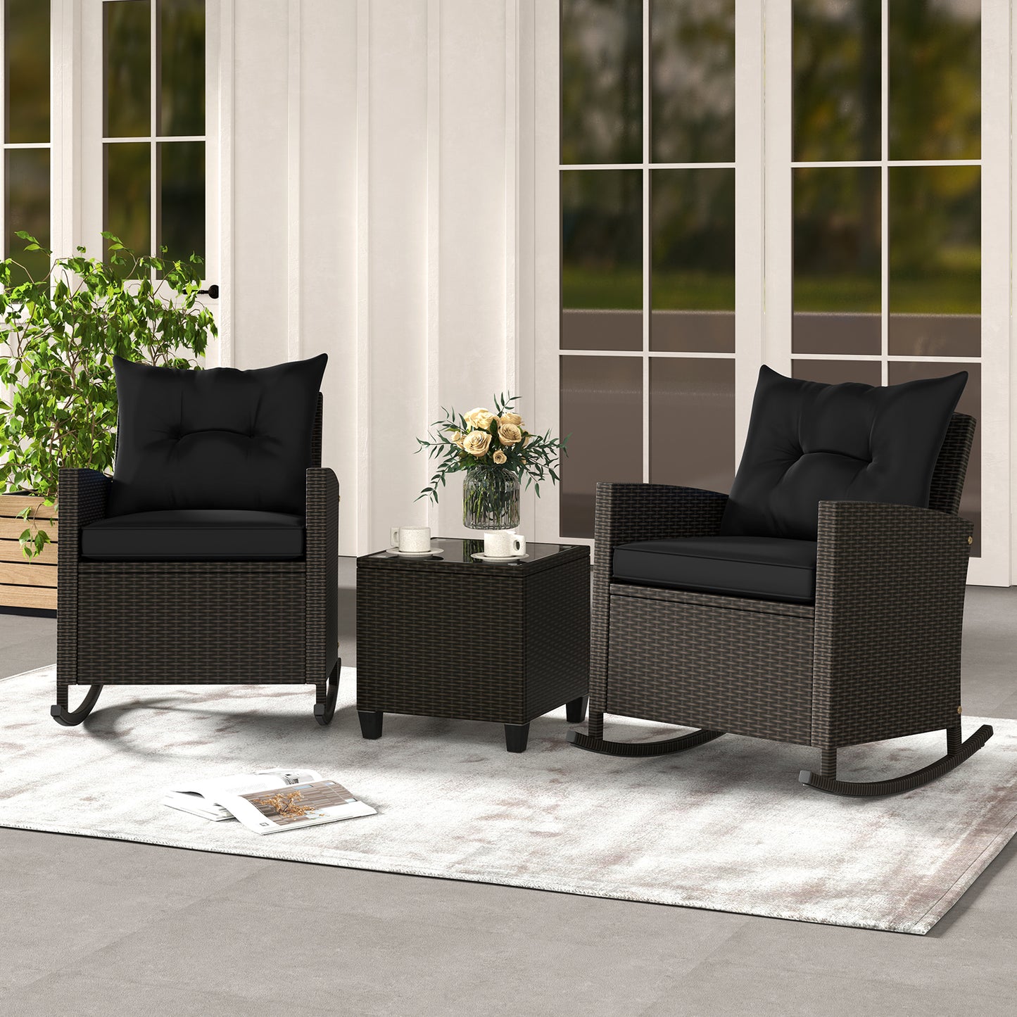3-Piece Patio Rocking Chair Set with Glass Table