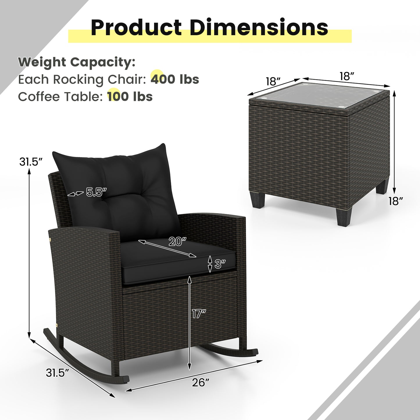 3-Piece Patio Rocking Chair Set with Glass Table