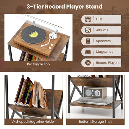 3-Tier Industrial Side Table with V-shaped Bookshelf for Living Room-Rustic Brown