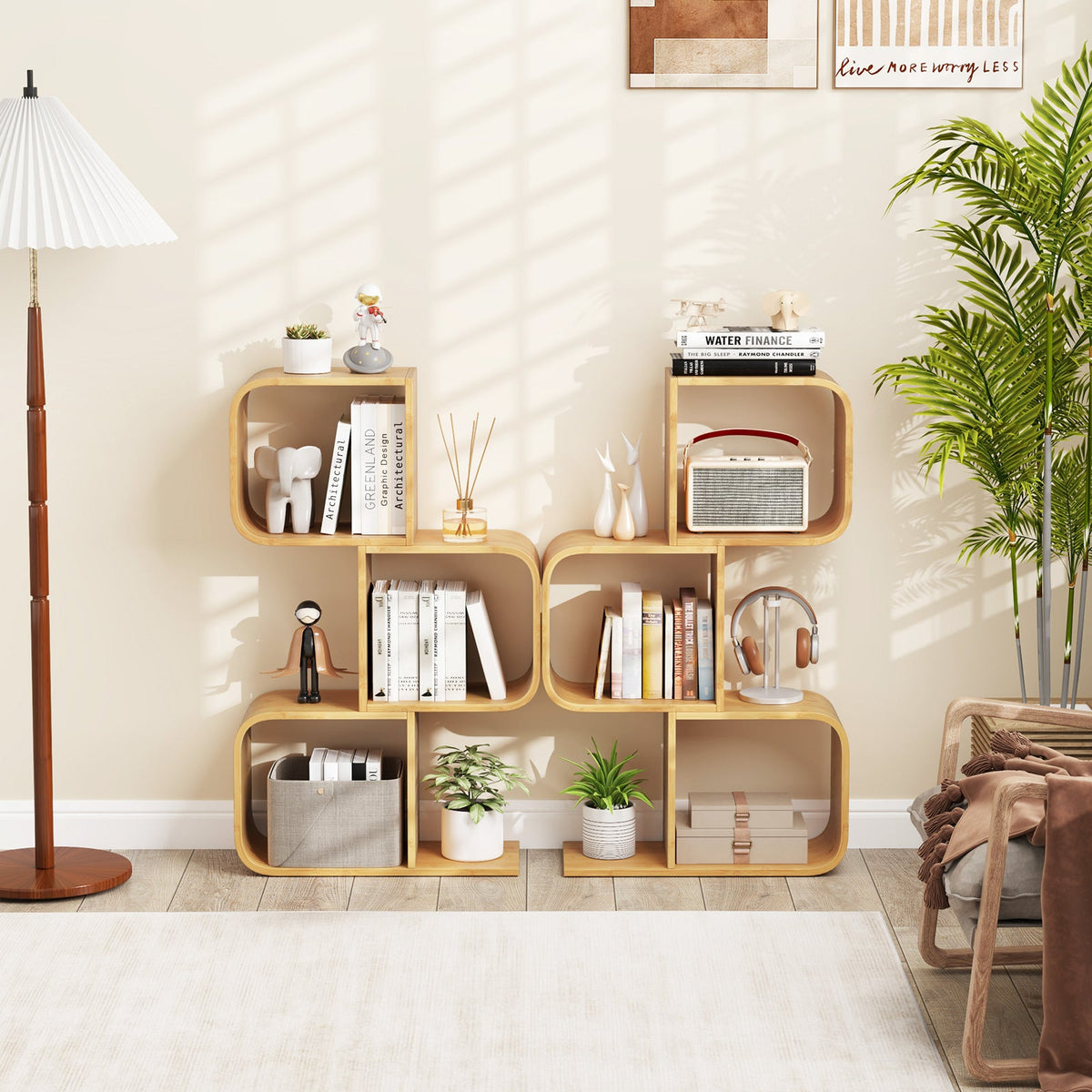 3-Tier S-Shaped Bookcase with 3 Open Cubes for Living Room-Natural
