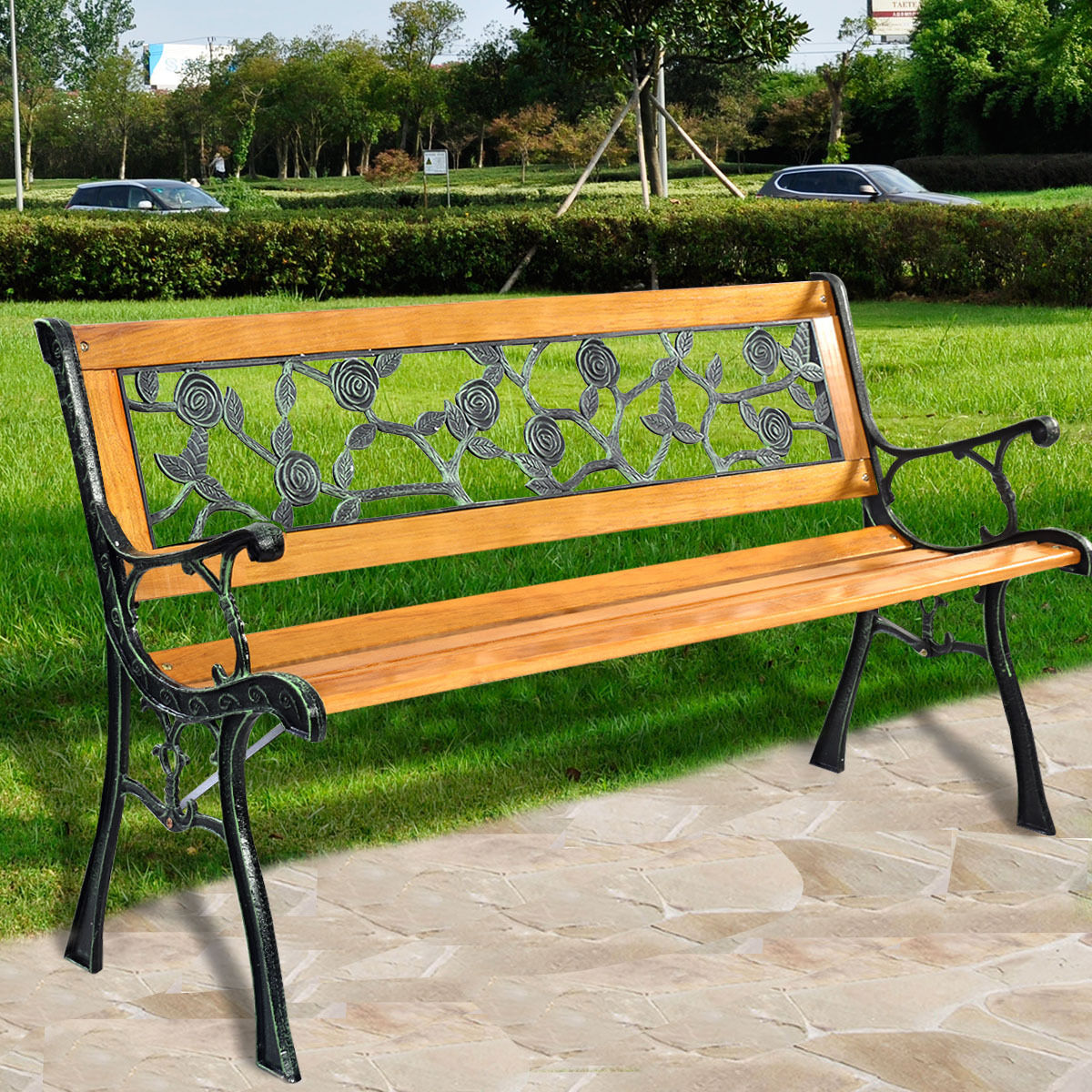 49.5" Cast Iron Garden Bench with Wood Seat - 3 Person