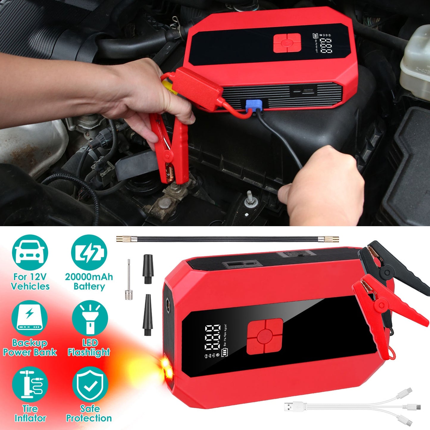 Car Jump Starter 1500A with Air Compressor & Power Bank