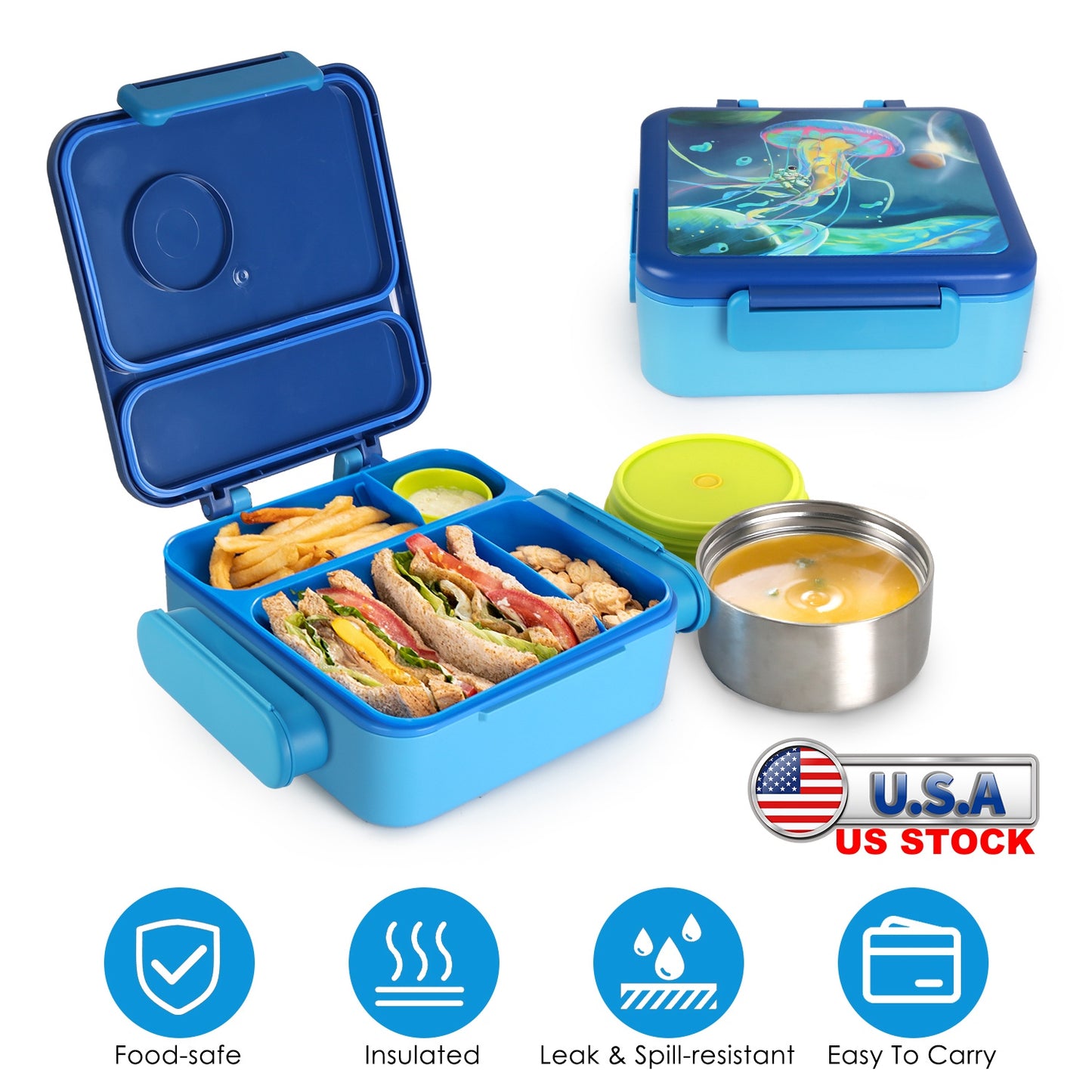Kids Insulated Lunch Box with 2 Compartments & Utensils