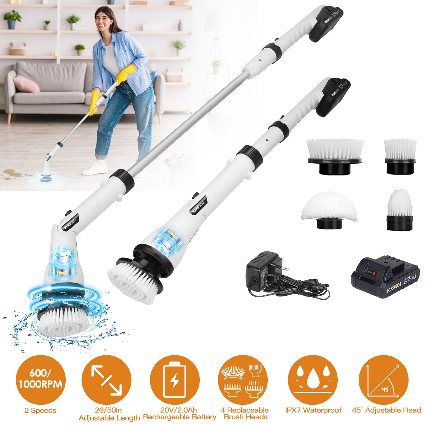 Electric Spin Scrubber with 4 Brush Heads & Extension Rod