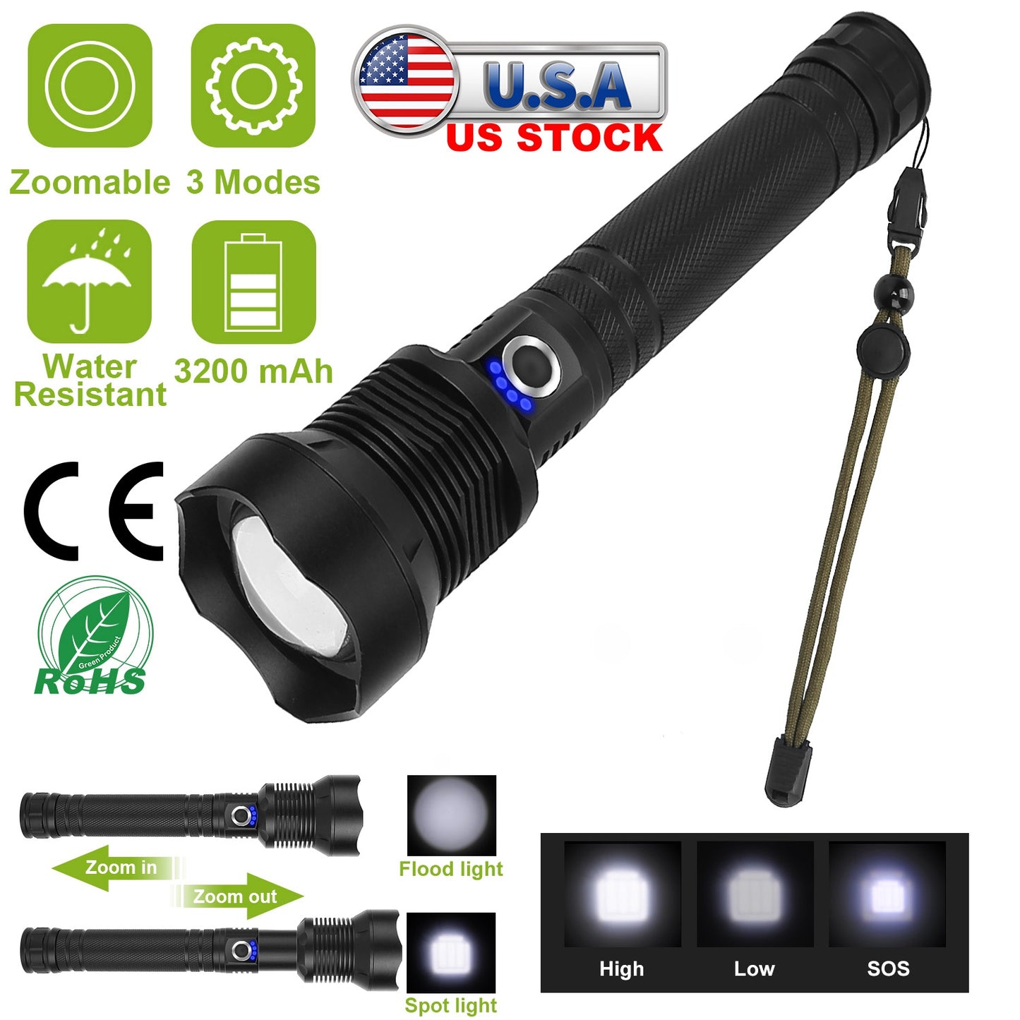 Rechargeable LED Tactical Flashlight 30000LM Zoomable