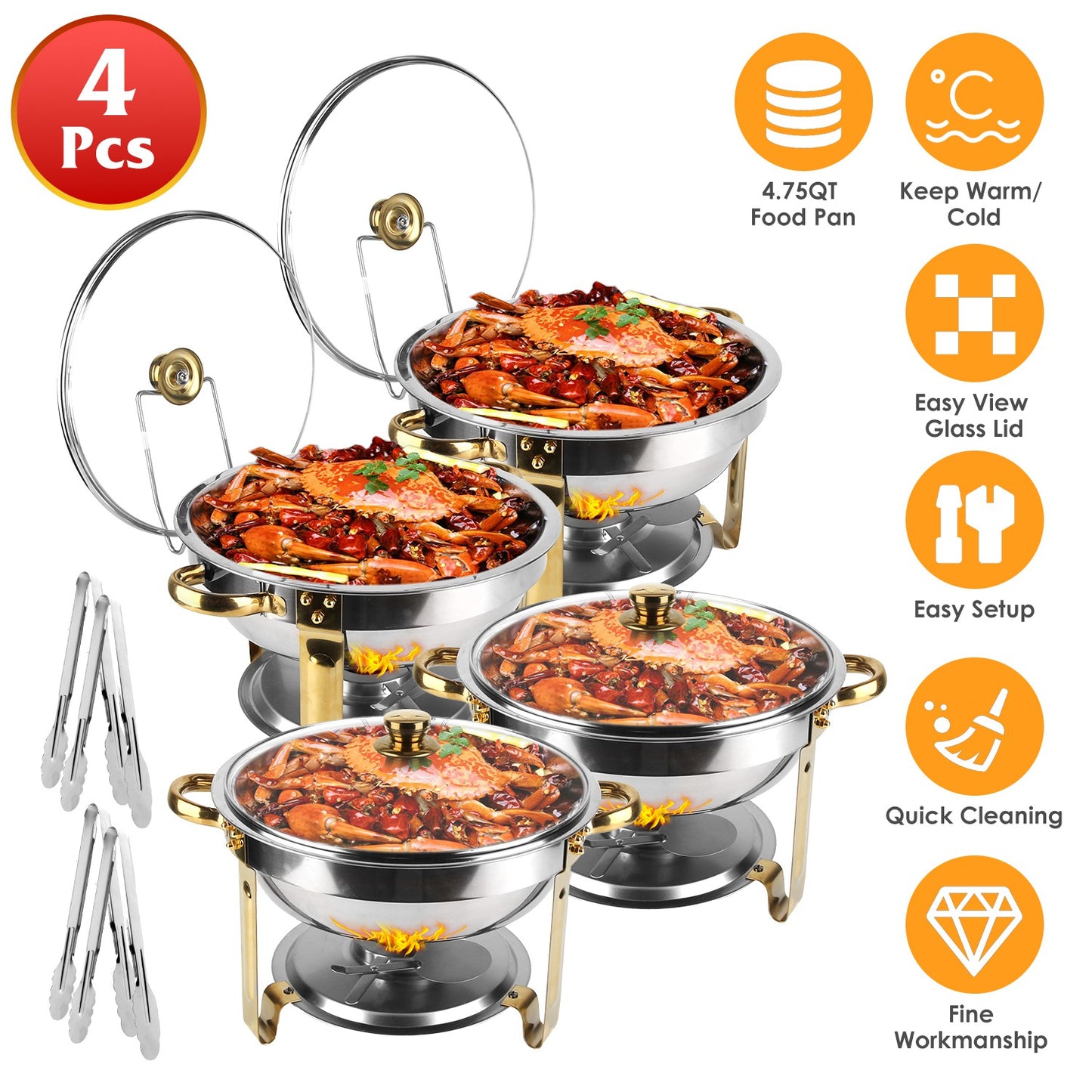 Chafing Dish Buffet Set 4-Pack 4.76QT Round Stainless Steel