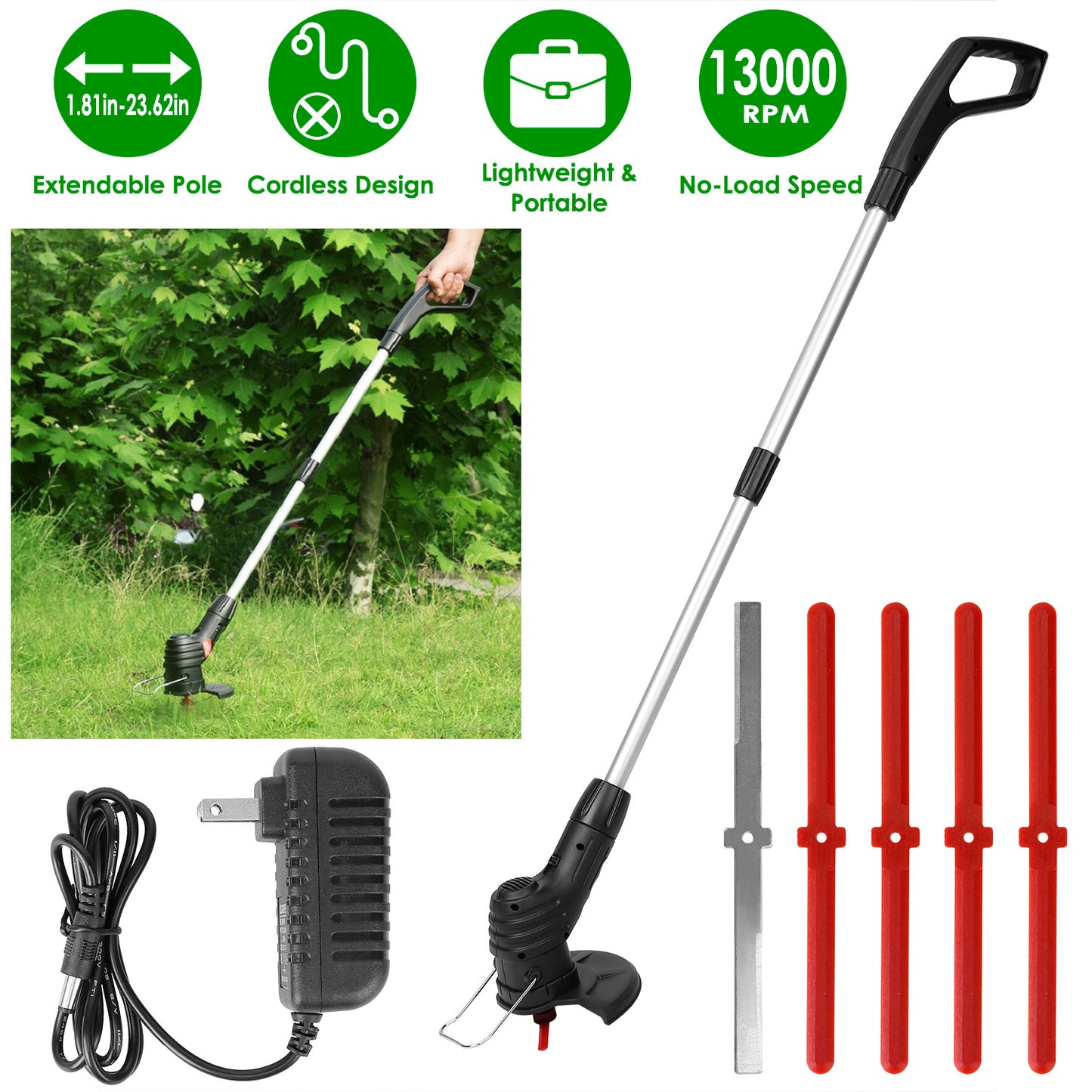 Cordless Grass Trimmer with Extendable Pole & 5 Blades