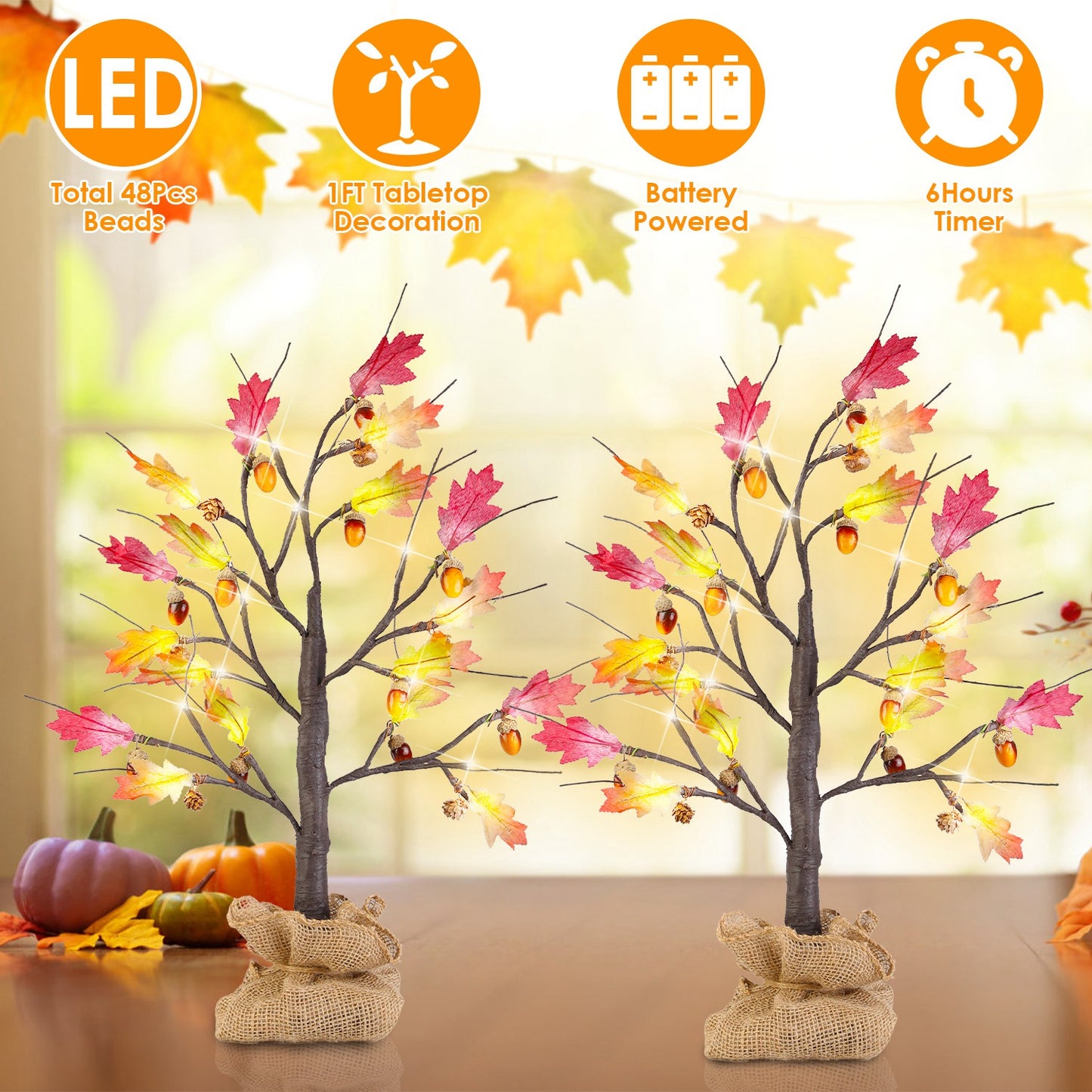 Lighted Maple Tree with 24 LED Beads & Timer (2-Pack)