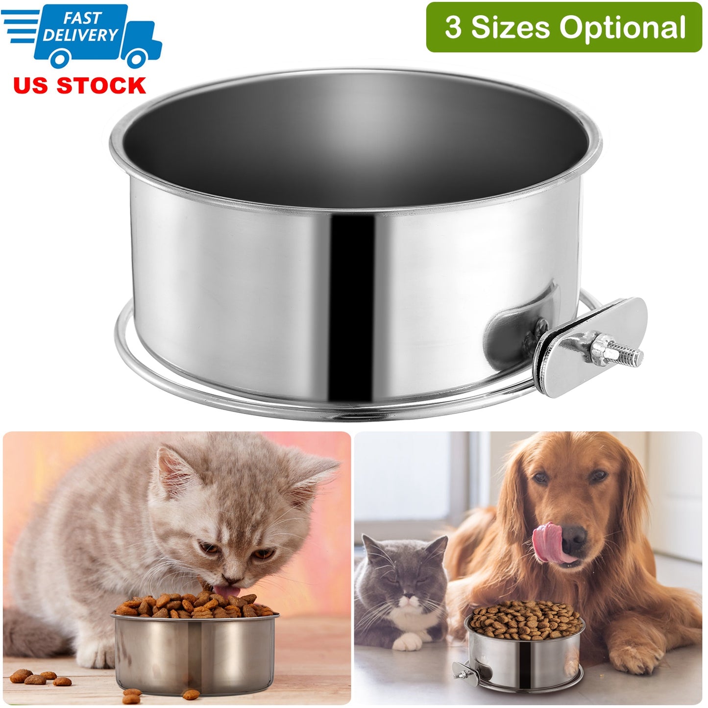 Stainless Steel Hanging Dog Bowl with Clamp Holder