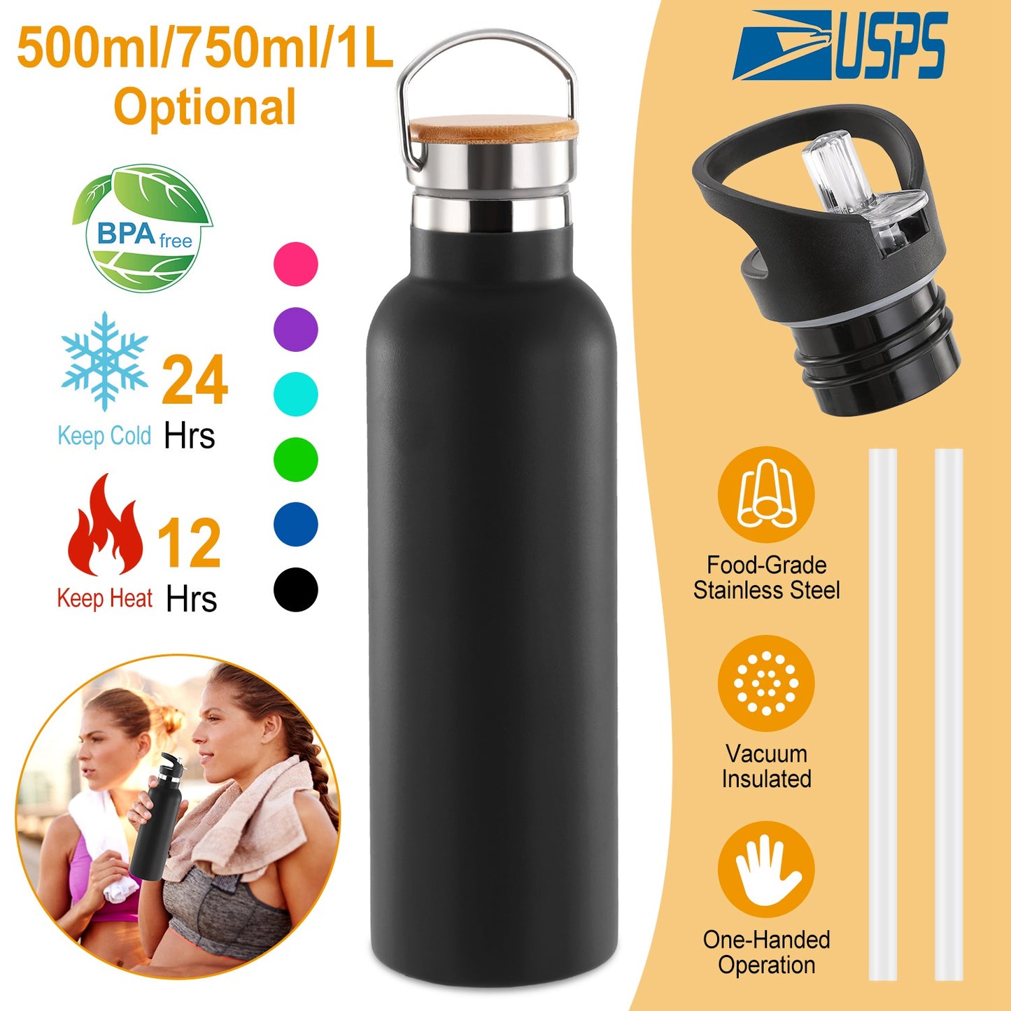 Insulated Stainless Steel Water Bottle with Dual Lids & Straws