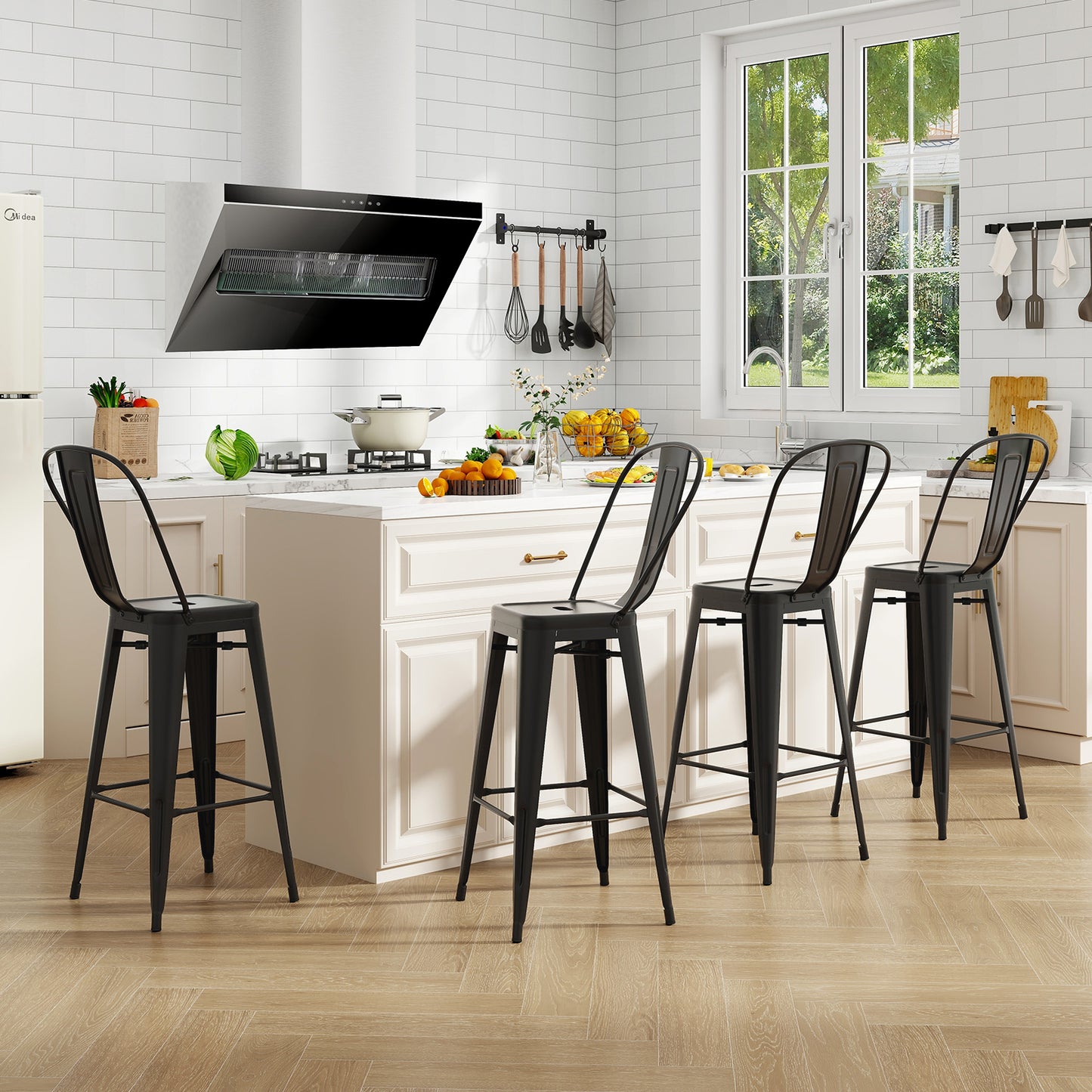 Stackable Metal Bar Stools Set of 4 with Removable Backrest