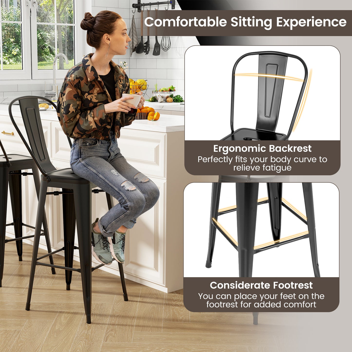 Stackable Metal Bar Stools Set of 4 with Removable Backrest