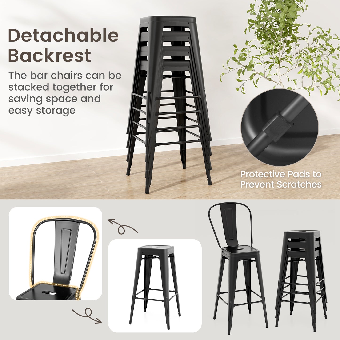 Stackable Metal Bar Stools Set of 4 with Removable Backrest