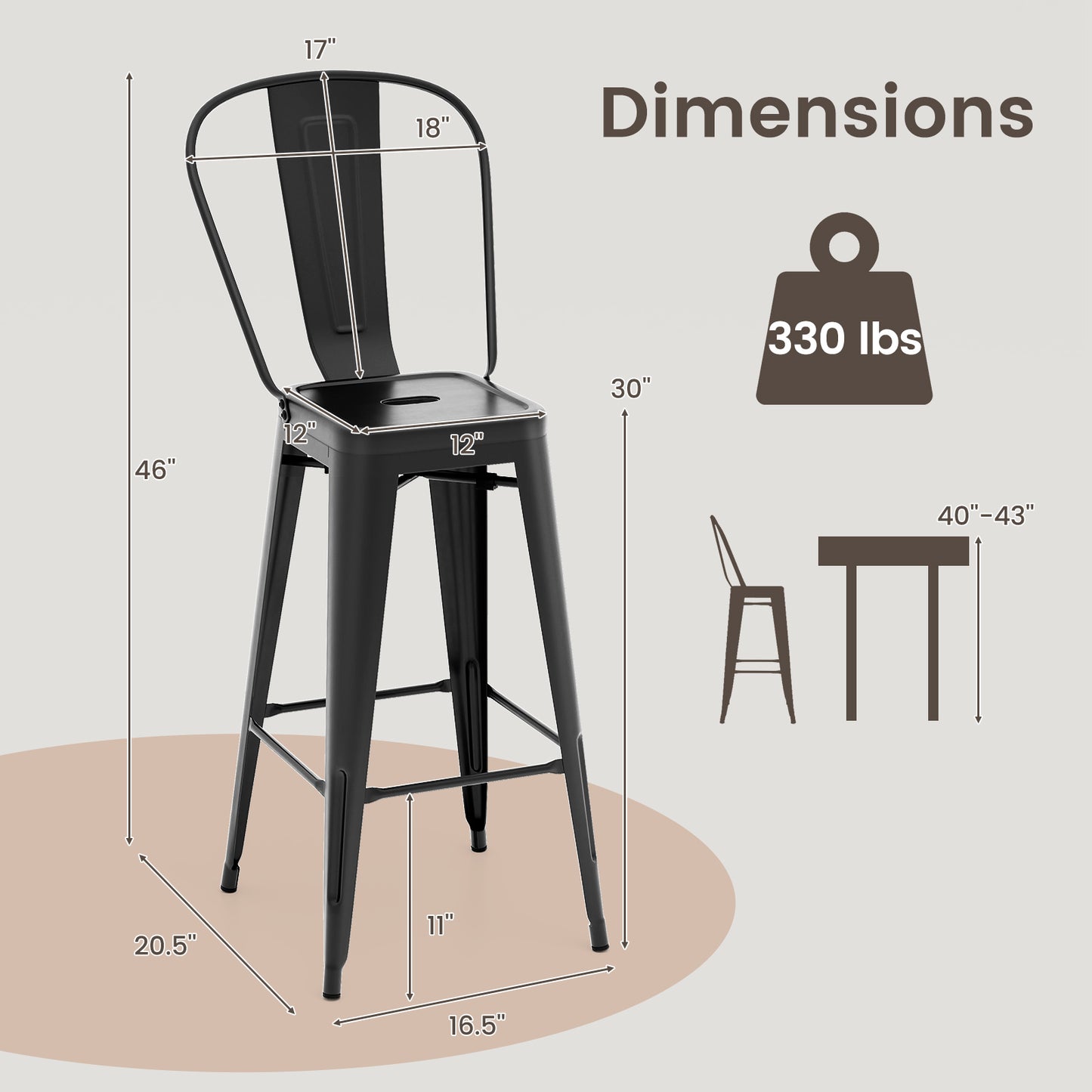 Stackable Metal Bar Stools Set of 4 with Removable Backrest