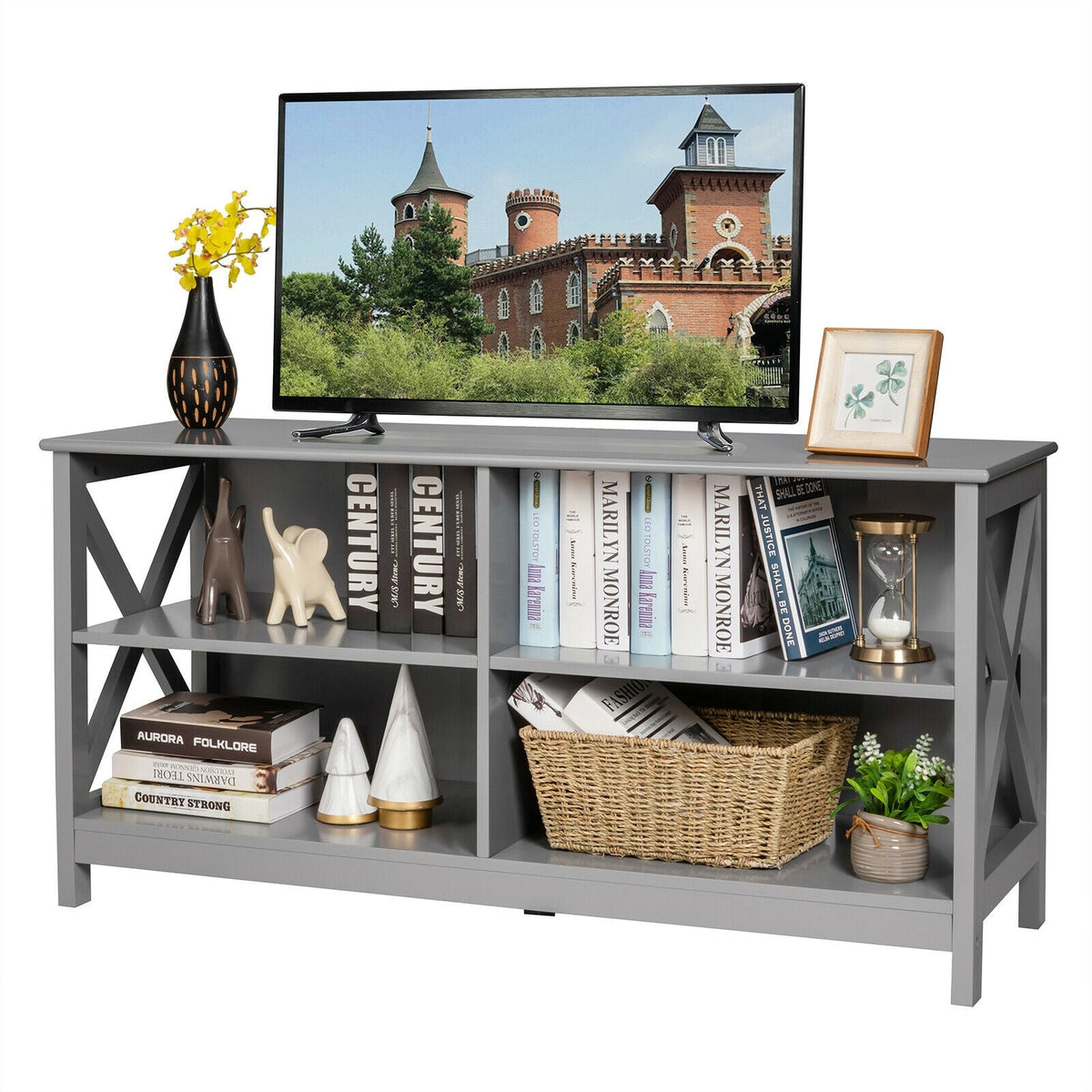 Wooden TV Stand Entertainment for TVs up to 55 Inch with X-Shaped Frame