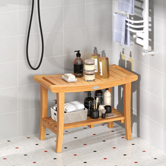 30 Inches Large Teak Shower Stool with Storage Shelf and Non-slip Footpads