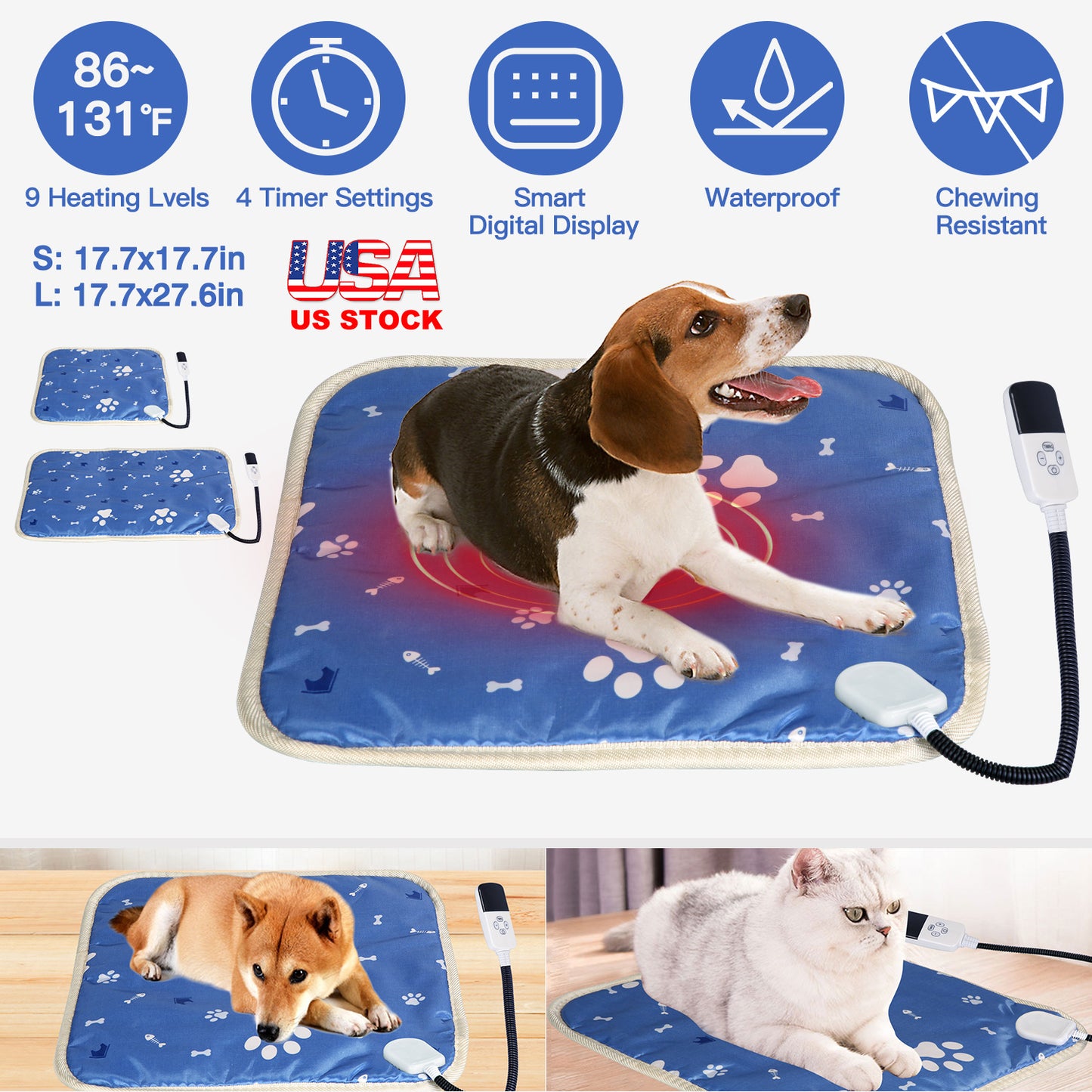 Pet Heating Pad with 9 Temperature Levels & Timer Settings